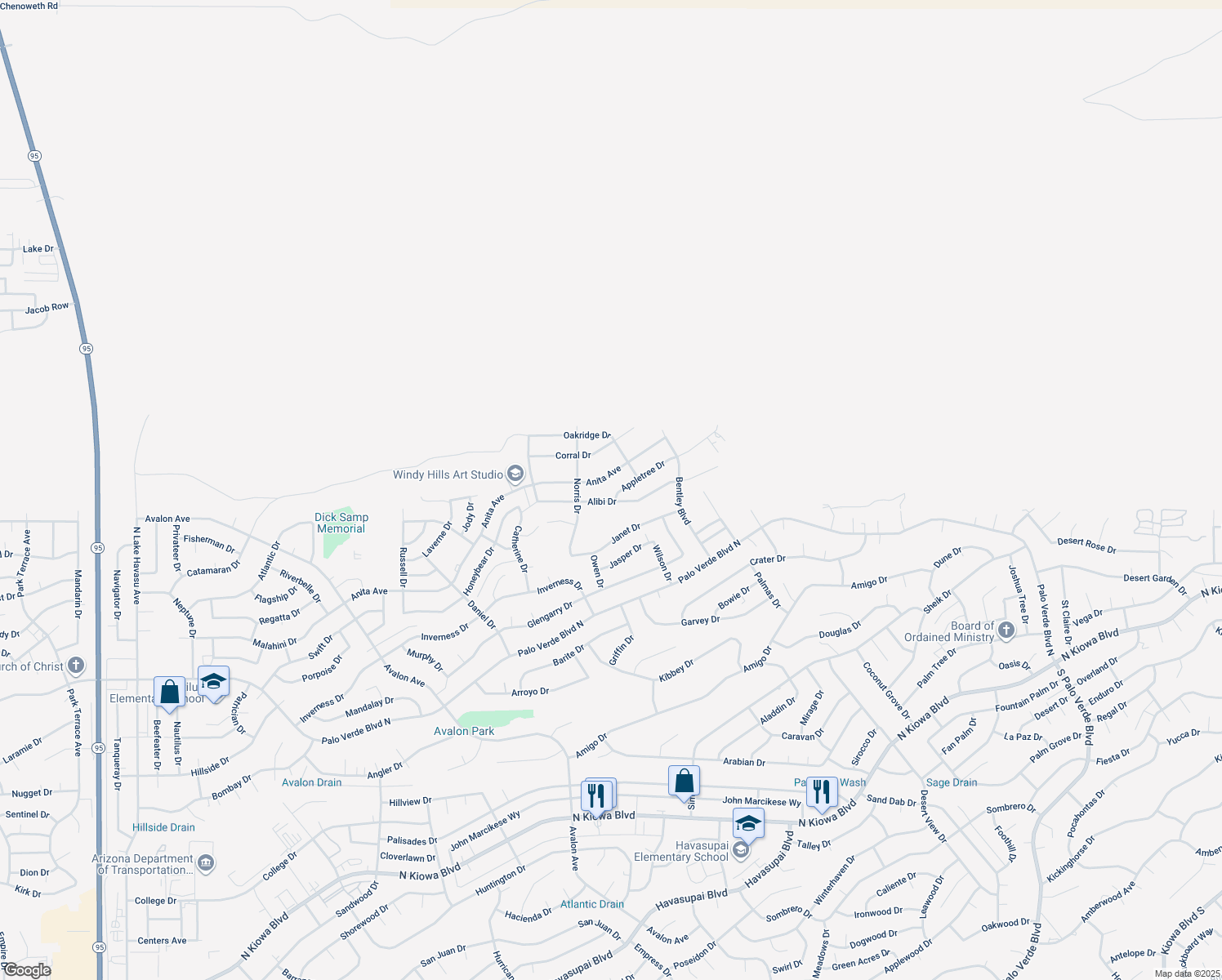 map of restaurants, bars, coffee shops, grocery stores, and more near 2811 Appletree Dr in Lake Havasu City