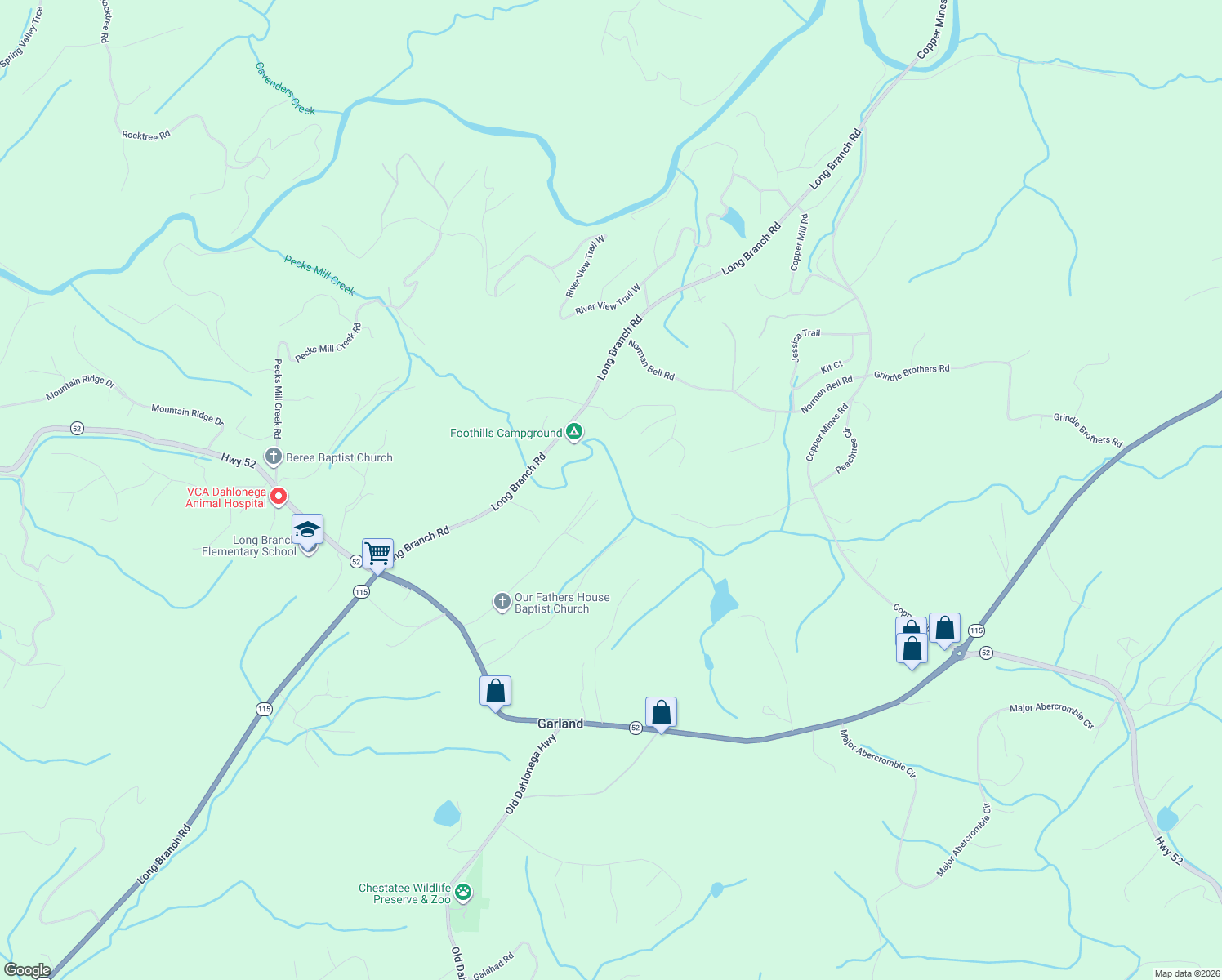 map of restaurants, bars, coffee shops, grocery stores, and more near 87 Tollefs Lane in Dahlonega