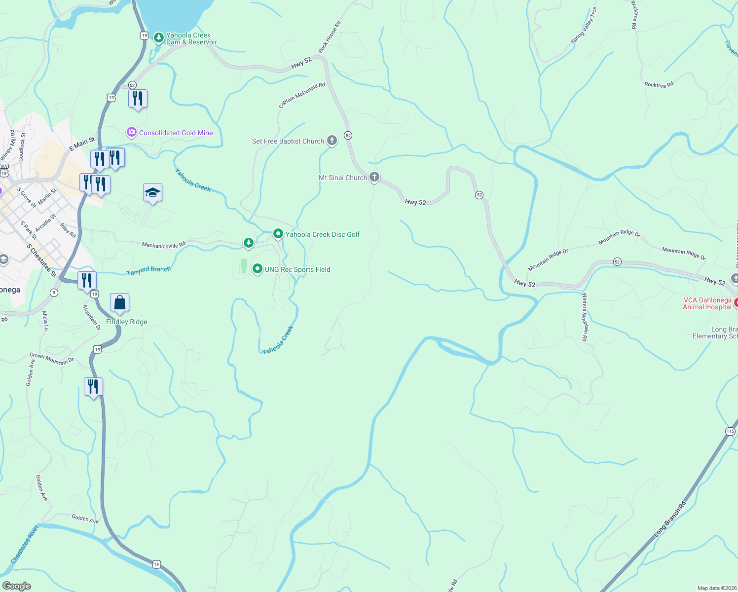 map of restaurants, bars, coffee shops, grocery stores, and more near 615 Halls Mill Rd in Dahlonega