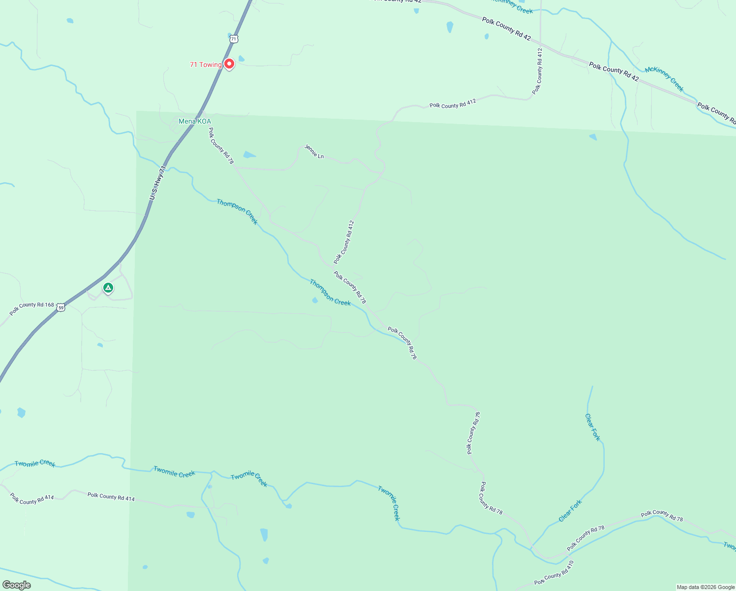 map of restaurants, bars, coffee shops, grocery stores, and more near 347 Polk Road 78 in Mena