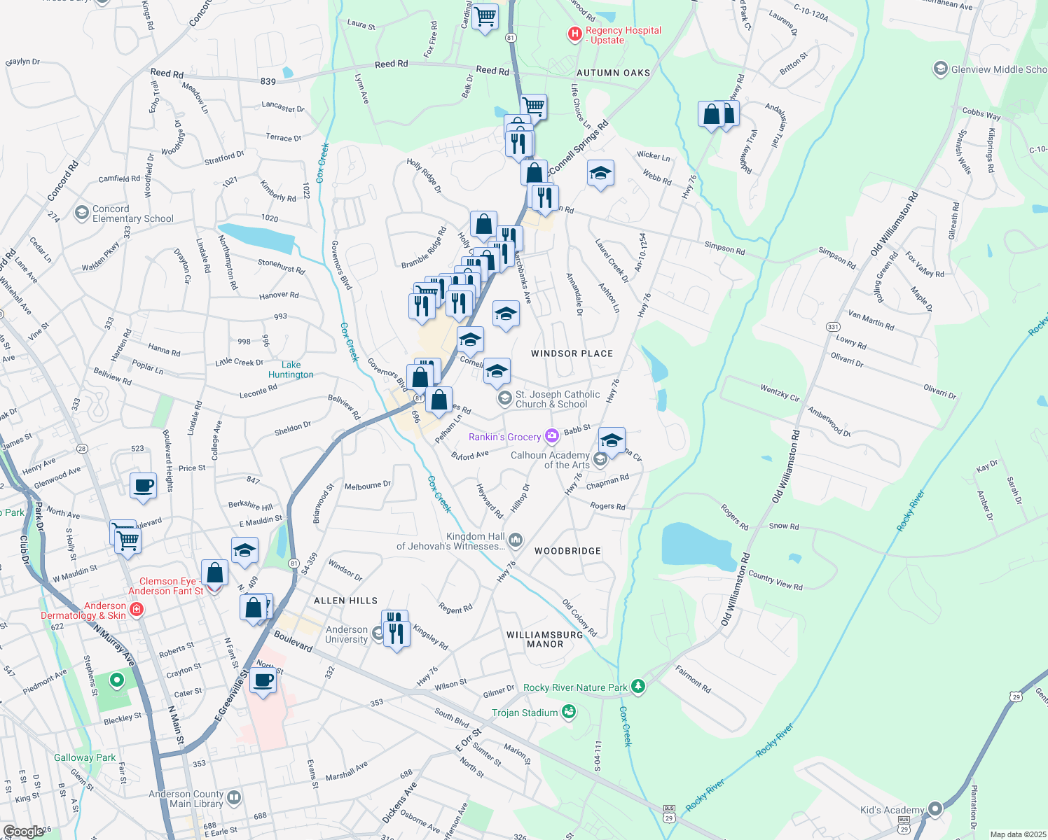 map of restaurants, bars, coffee shops, grocery stores, and more near 1304 Mc Lees Road in Anderson