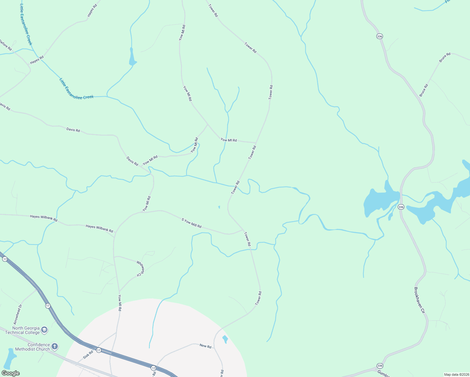 map of restaurants, bars, coffee shops, grocery stores, and more near 1921 Tower Road in Toccoa