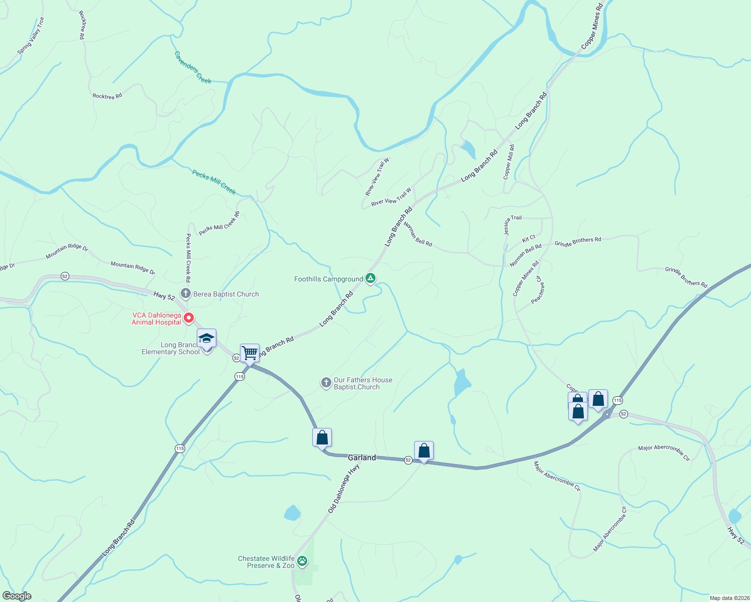 map of restaurants, bars, coffee shops, grocery stores, and more near 165 Cool Springs Lane in Dahlonega