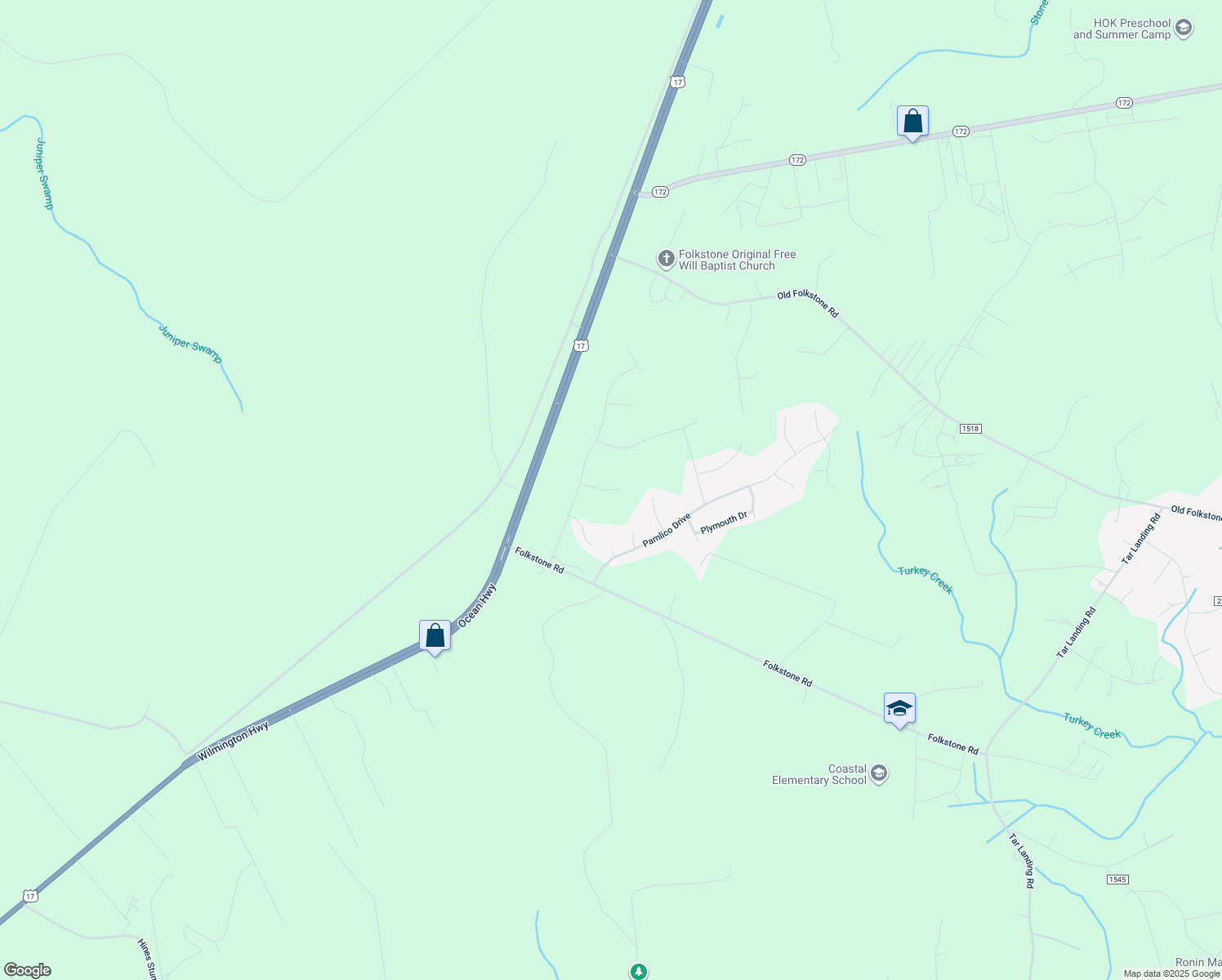 map of restaurants, bars, coffee shops, grocery stores, and more near 417 Salvo Court in Holly Ridge