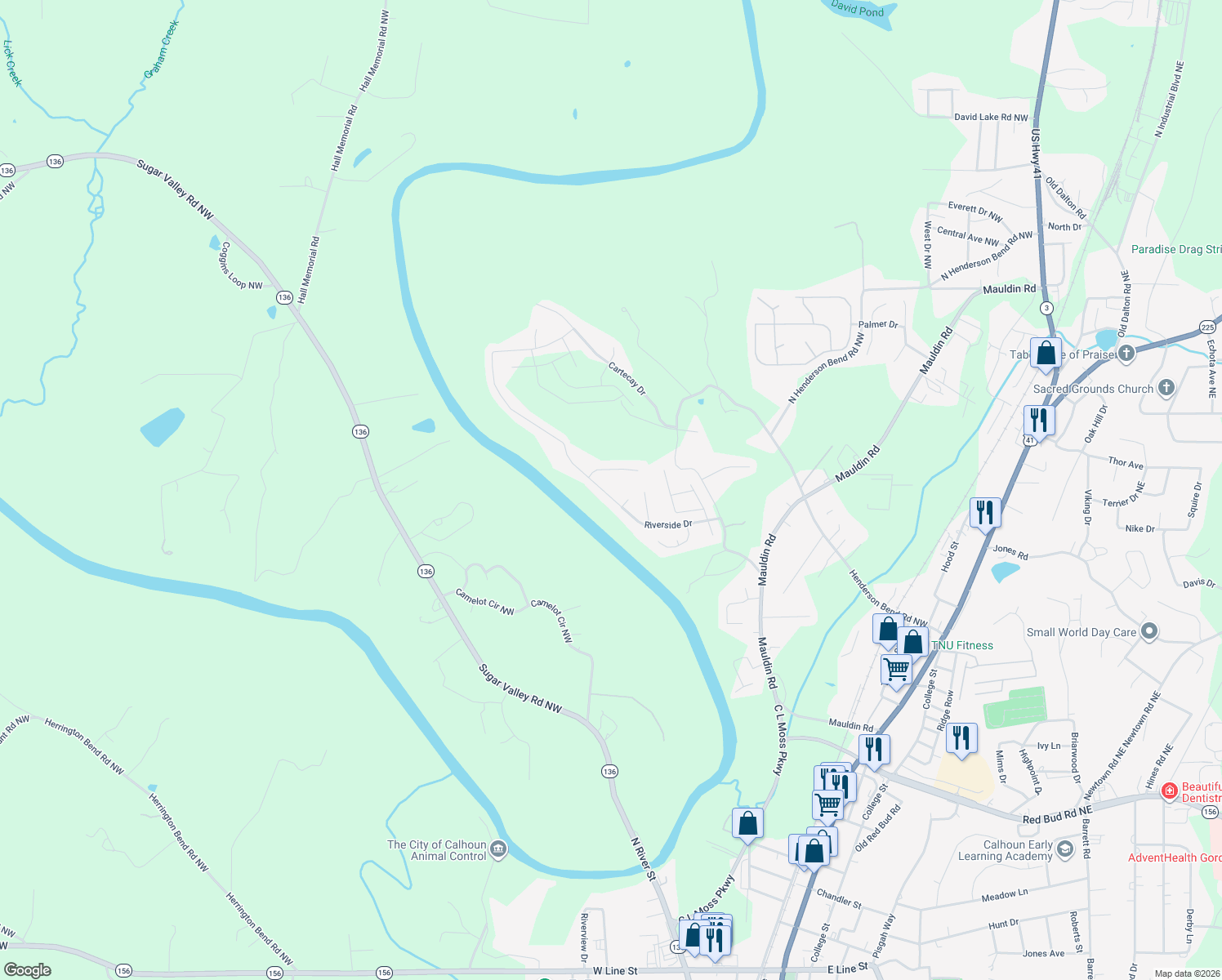 map of restaurants, bars, coffee shops, grocery stores, and more near 607 Riverside Drive in Calhoun