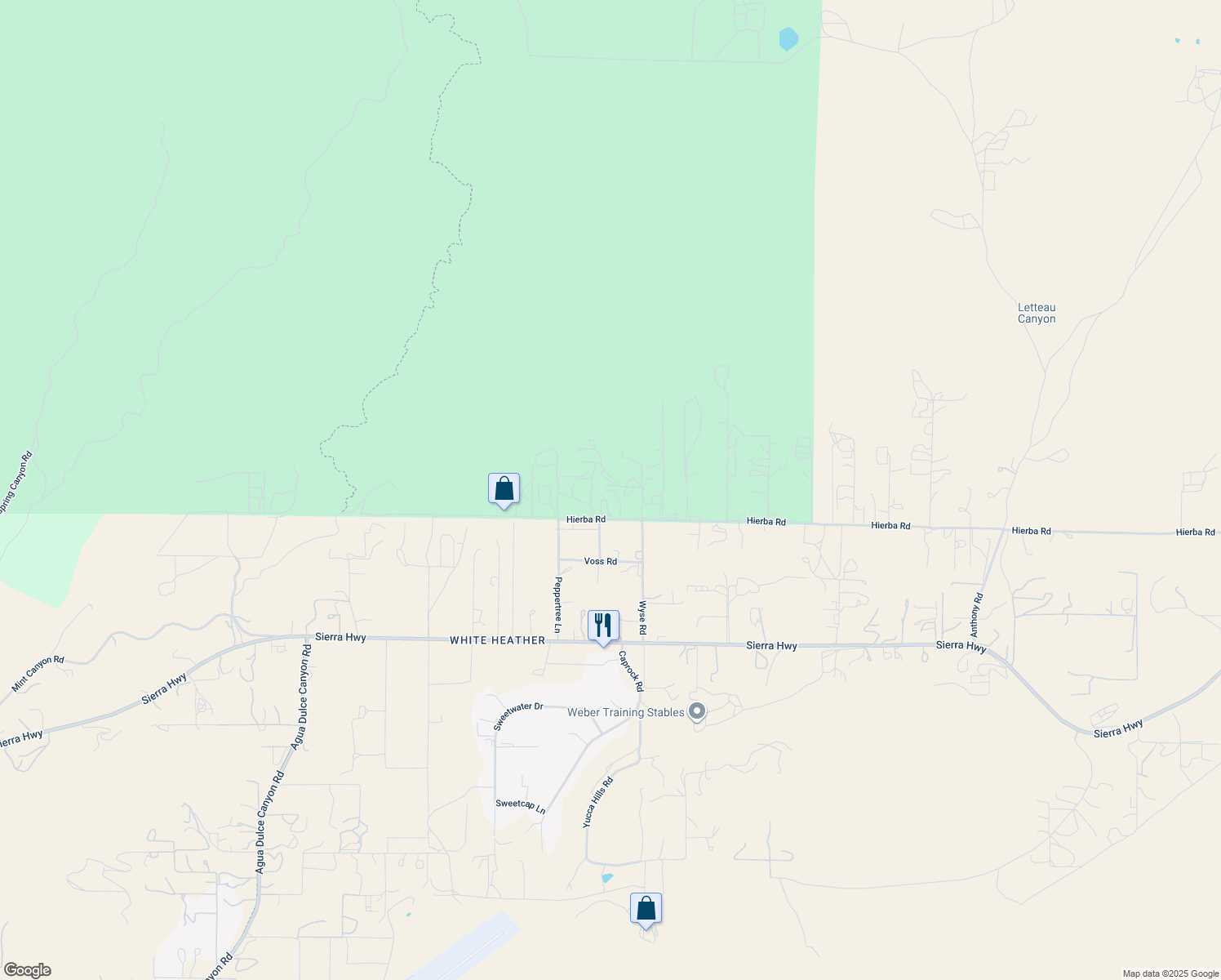 map of restaurants, bars, coffee shops, grocery stores, and more near Hierba Road in Agua Dulce