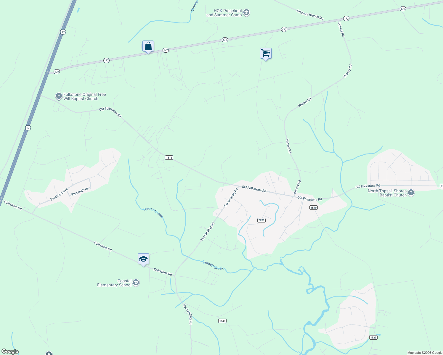 map of restaurants, bars, coffee shops, grocery stores, and more near 463 Old Folkstone Road in Holly Ridge