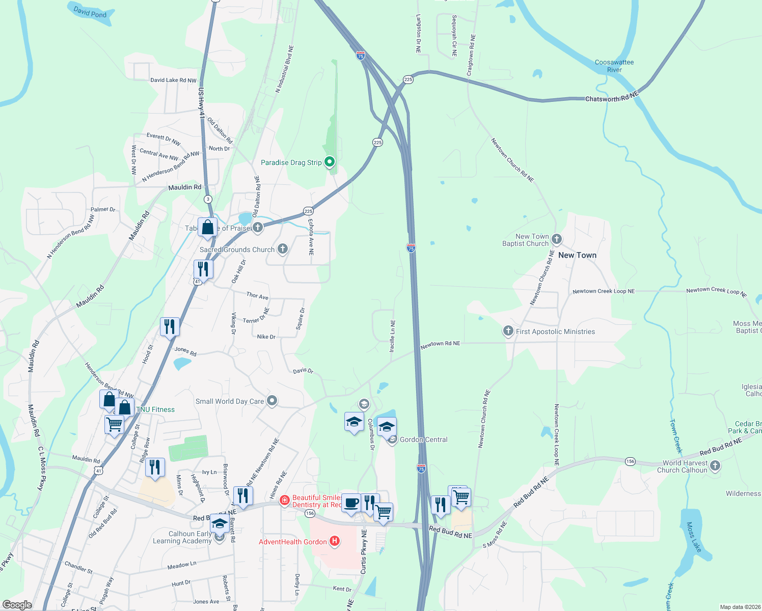 map of restaurants, bars, coffee shops, grocery stores, and more near 153 Sherry Lane in Calhoun