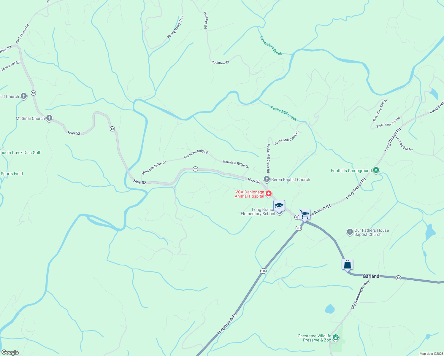 map of restaurants, bars, coffee shops, grocery stores, and more near 320 Cherokee Trce in Dahlonega