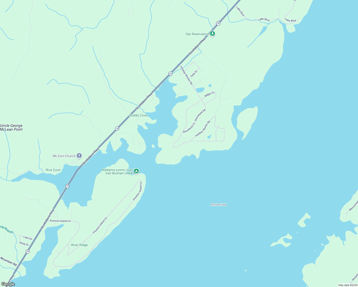 map of restaurants, bars, coffee shops, grocery stores, and more near 1095 Holiday Shores Road in Scottsboro