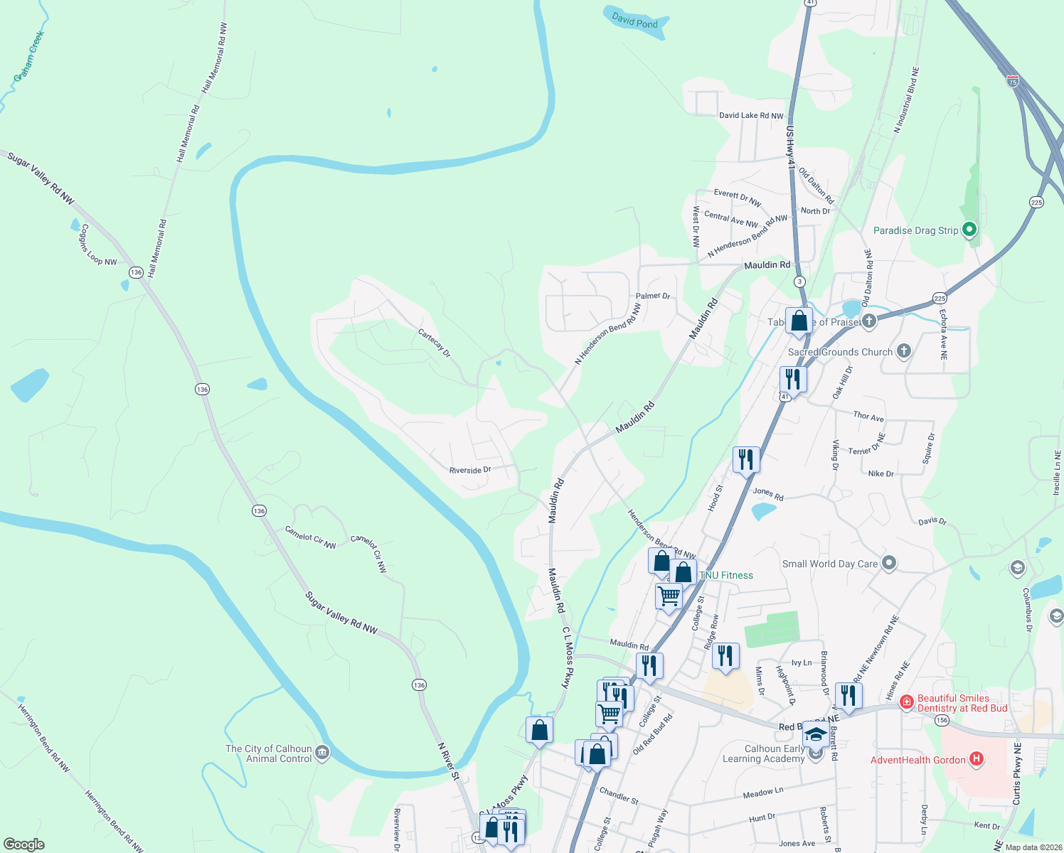 map of restaurants, bars, coffee shops, grocery stores, and more near 113 Colton Dr in Calhoun