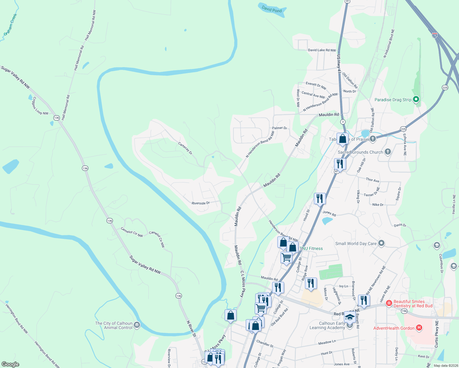map of restaurants, bars, coffee shops, grocery stores, and more near 115 Colton Dr in Calhoun