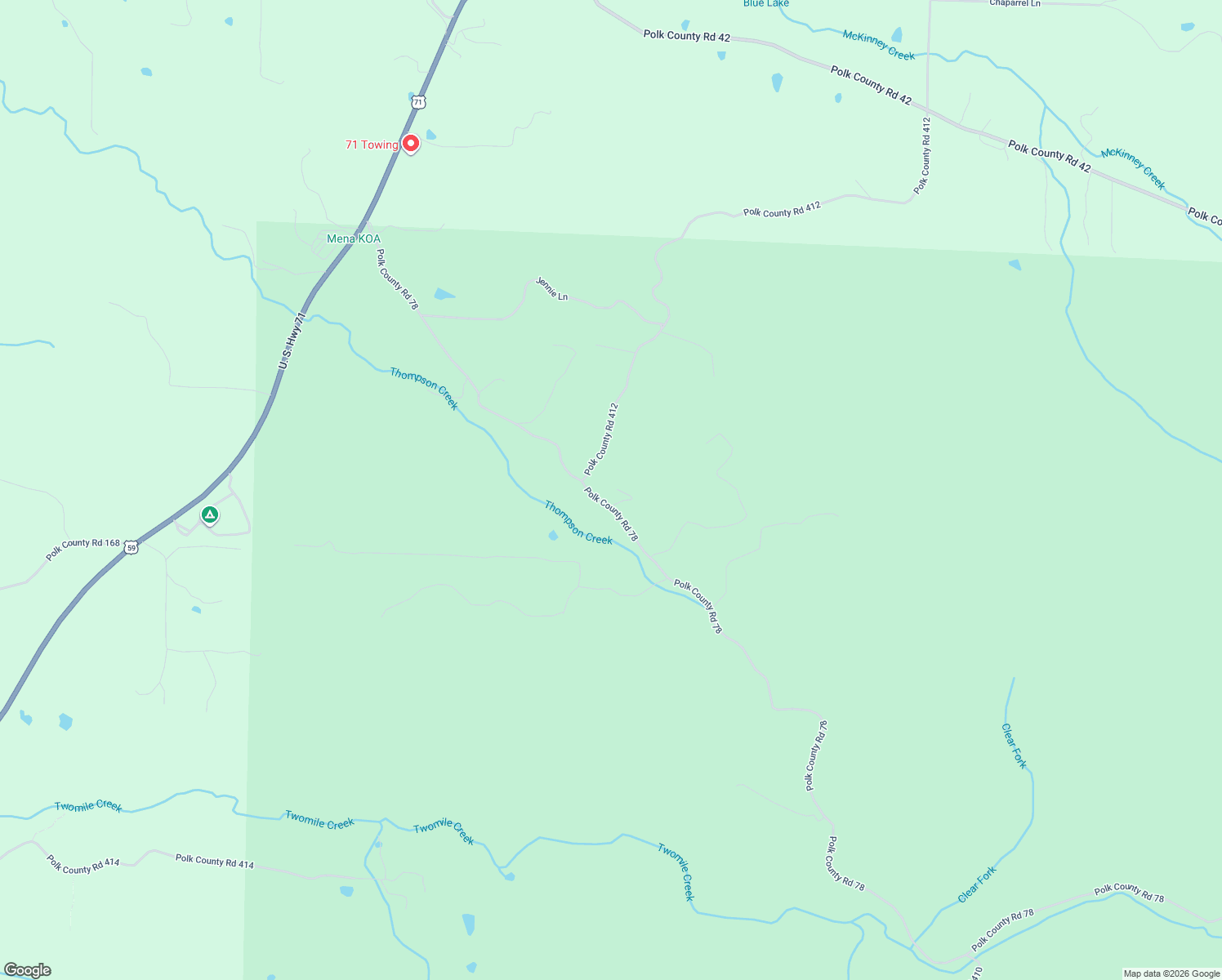 map of restaurants, bars, coffee shops, grocery stores, and more near 347 Polk County Road 78 in Mena