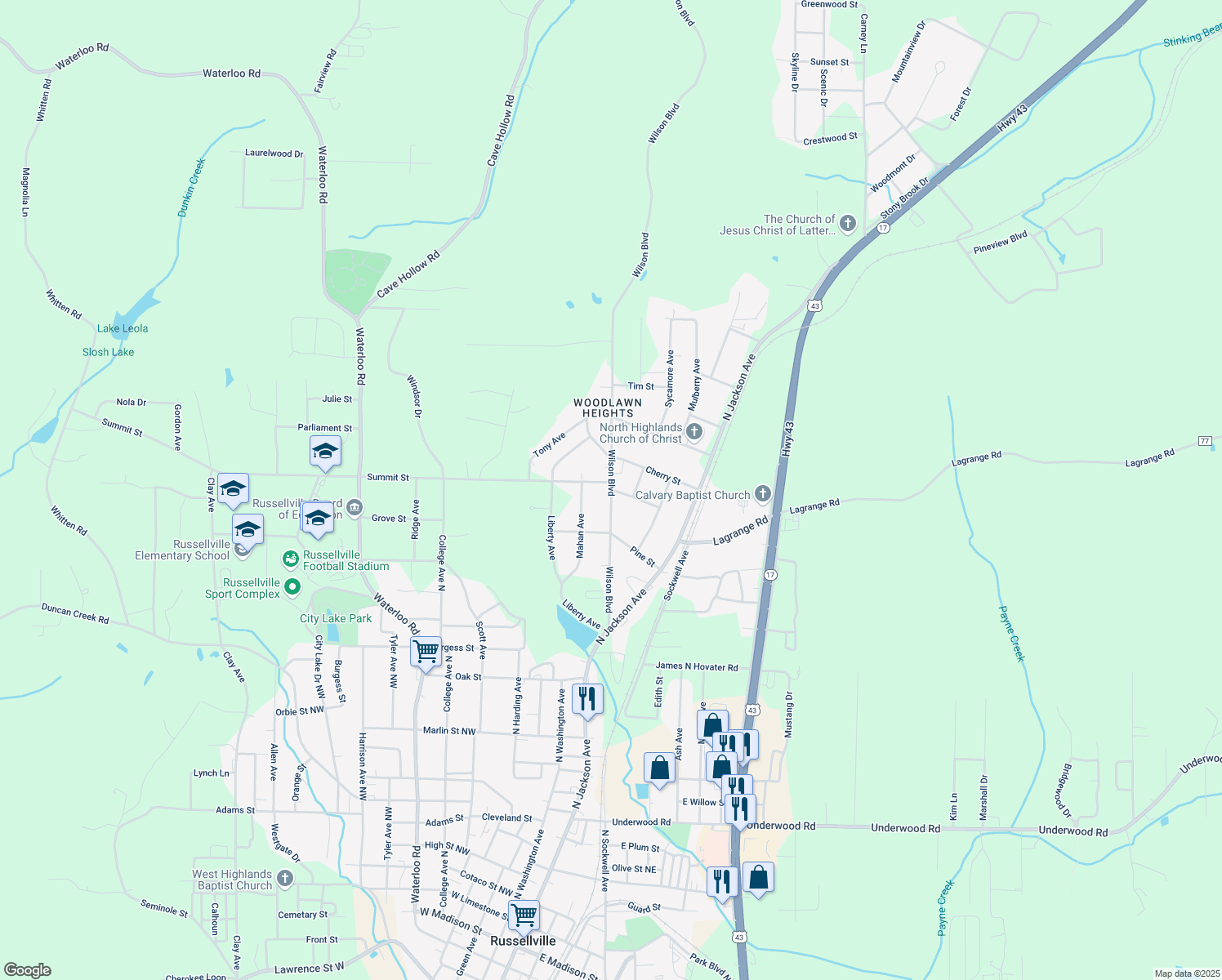 map of restaurants, bars, coffee shops, grocery stores, and more near 1999 Wilson Blvd in Russellville