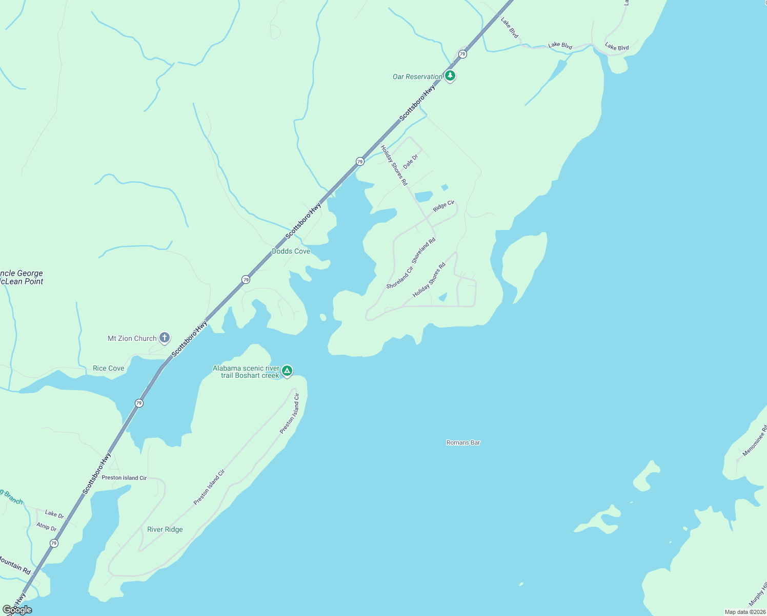 map of restaurants, bars, coffee shops, grocery stores, and more near 1095 Holiday Shores Road in Scottsboro