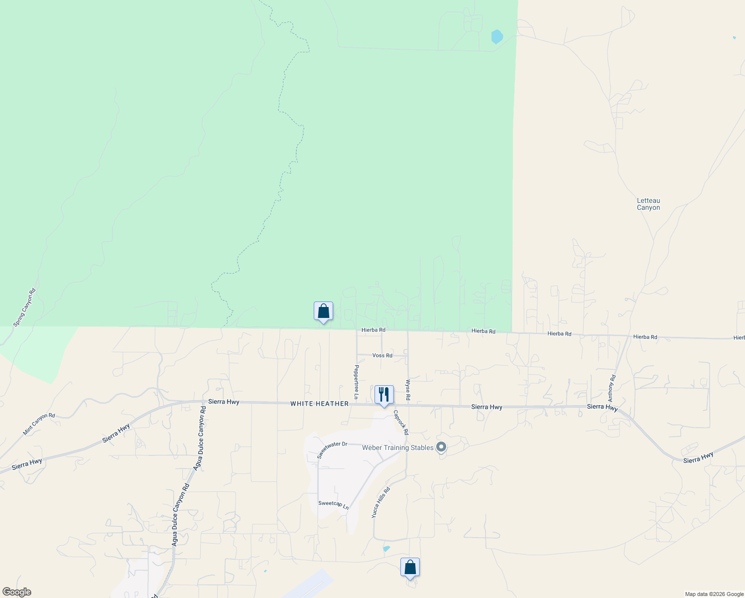 map of restaurants, bars, coffee shops, grocery stores, and more near 35662 Peppertree Lane in Agua Dulce