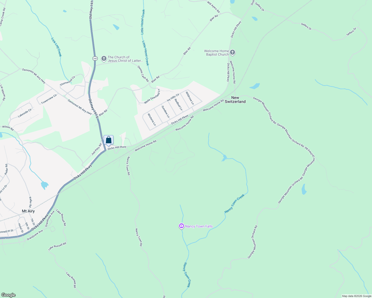 map of restaurants, bars, coffee shops, grocery stores, and more near 204 Russell Woods Drive in Mount Airy