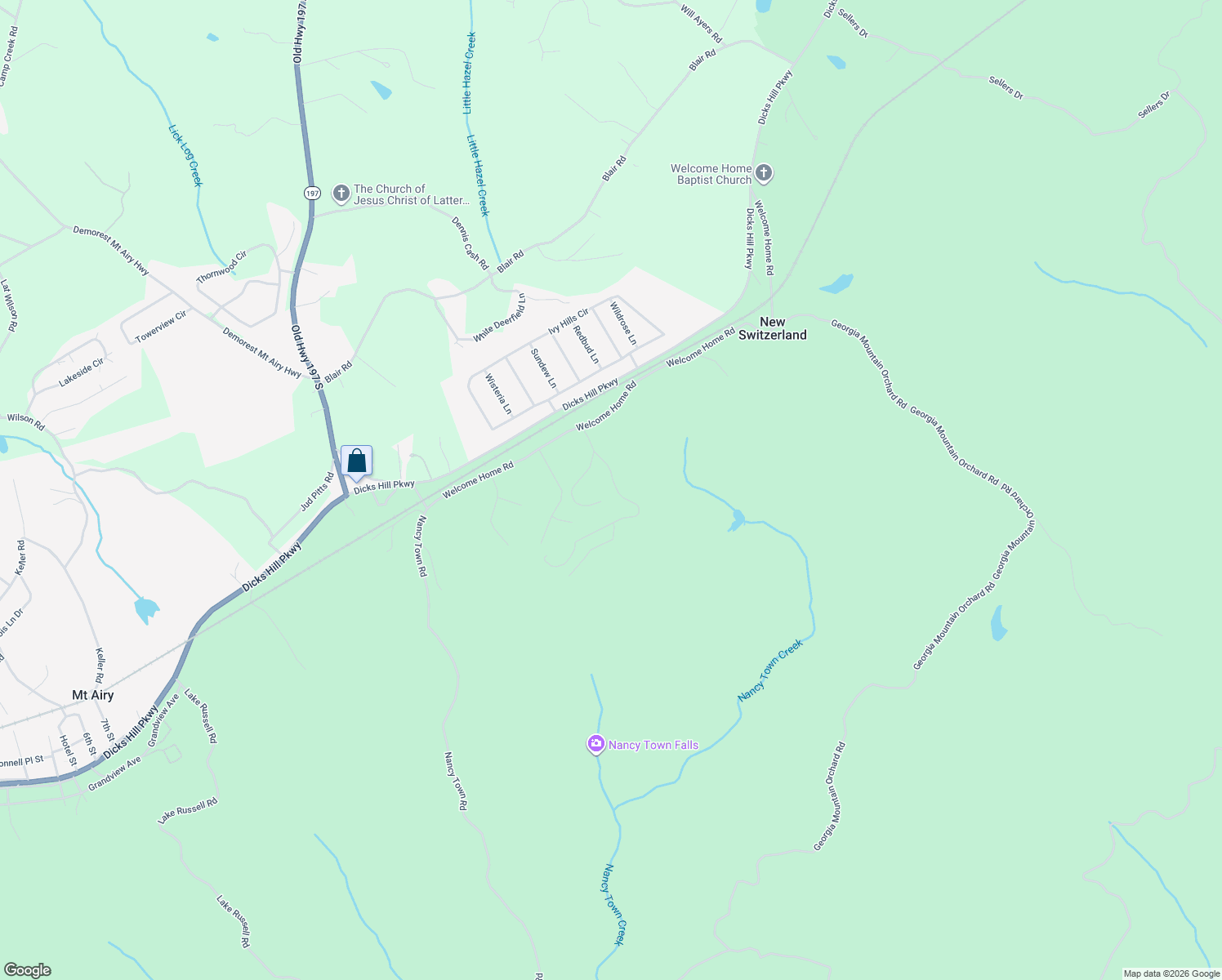 map of restaurants, bars, coffee shops, grocery stores, and more near 204 Russell Woods Dr. in Mount Airy