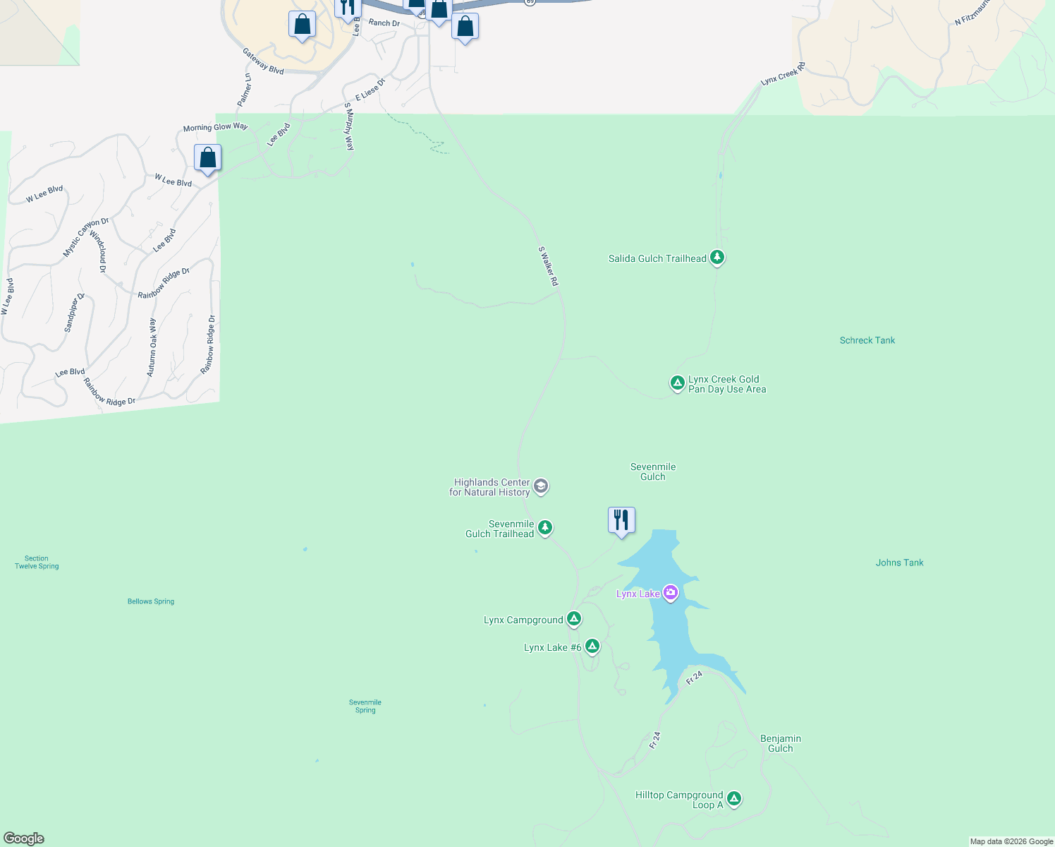 map of restaurants, bars, coffee shops, grocery stores, and more near Walker Road in Prescott