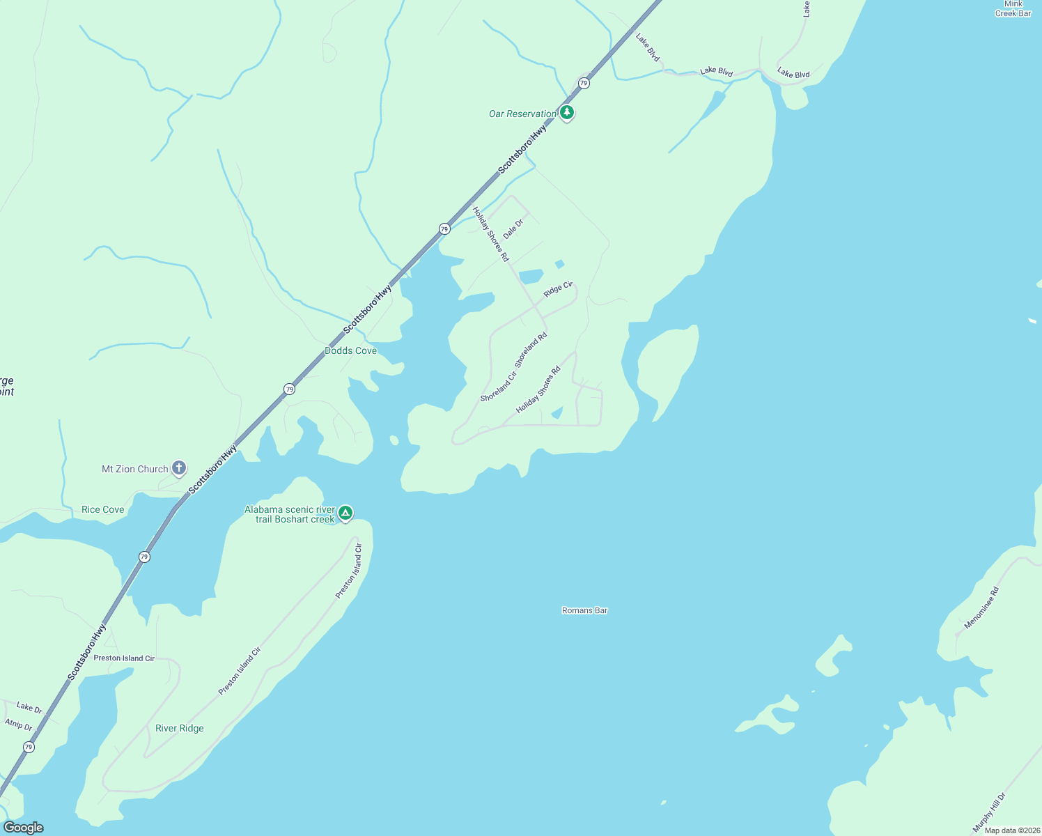 map of restaurants, bars, coffee shops, grocery stores, and more near 1285 Holiday Shores Road in Scottsboro