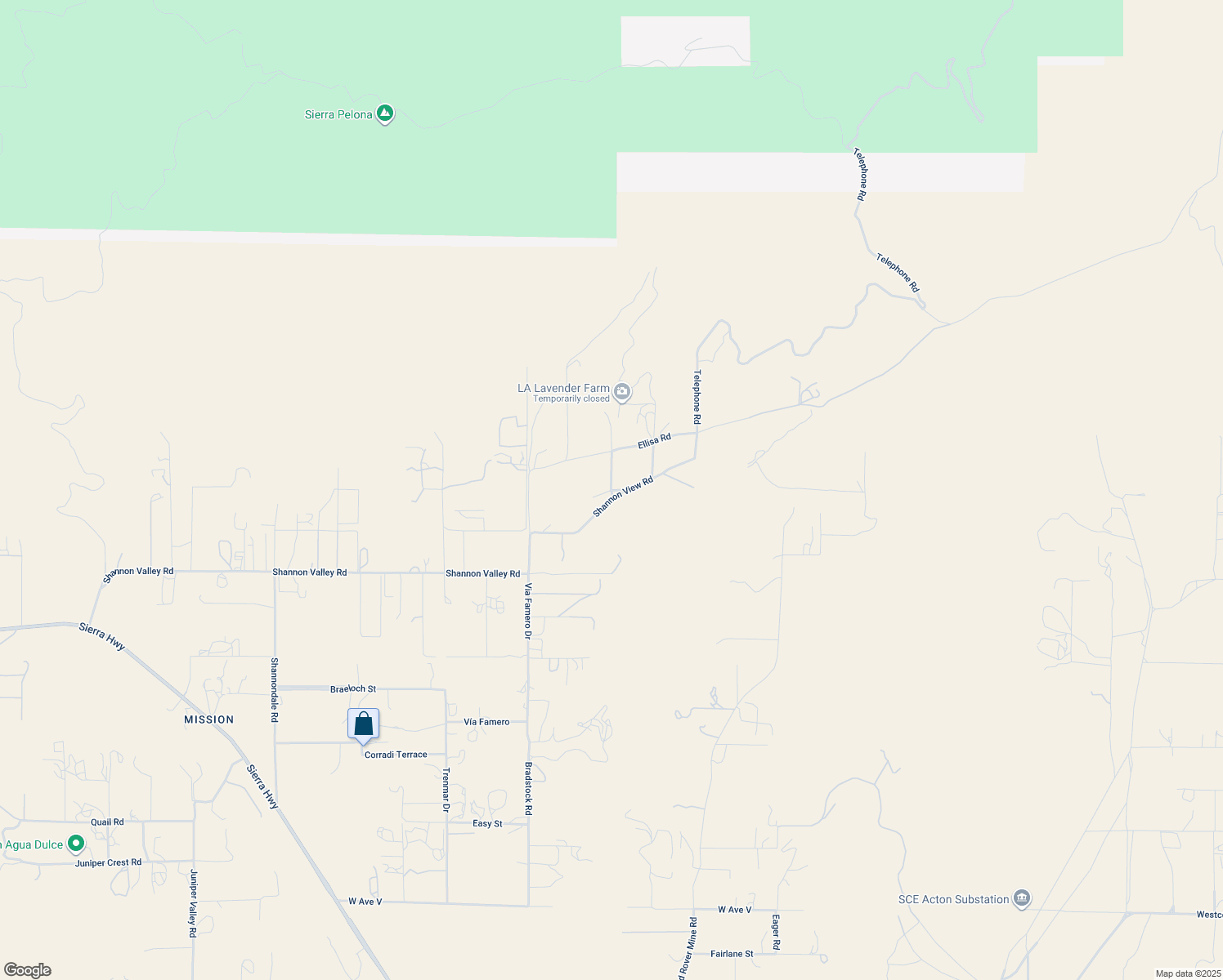 map of restaurants, bars, coffee shops, grocery stores, and more near Shannon View Road in Los Angeles County