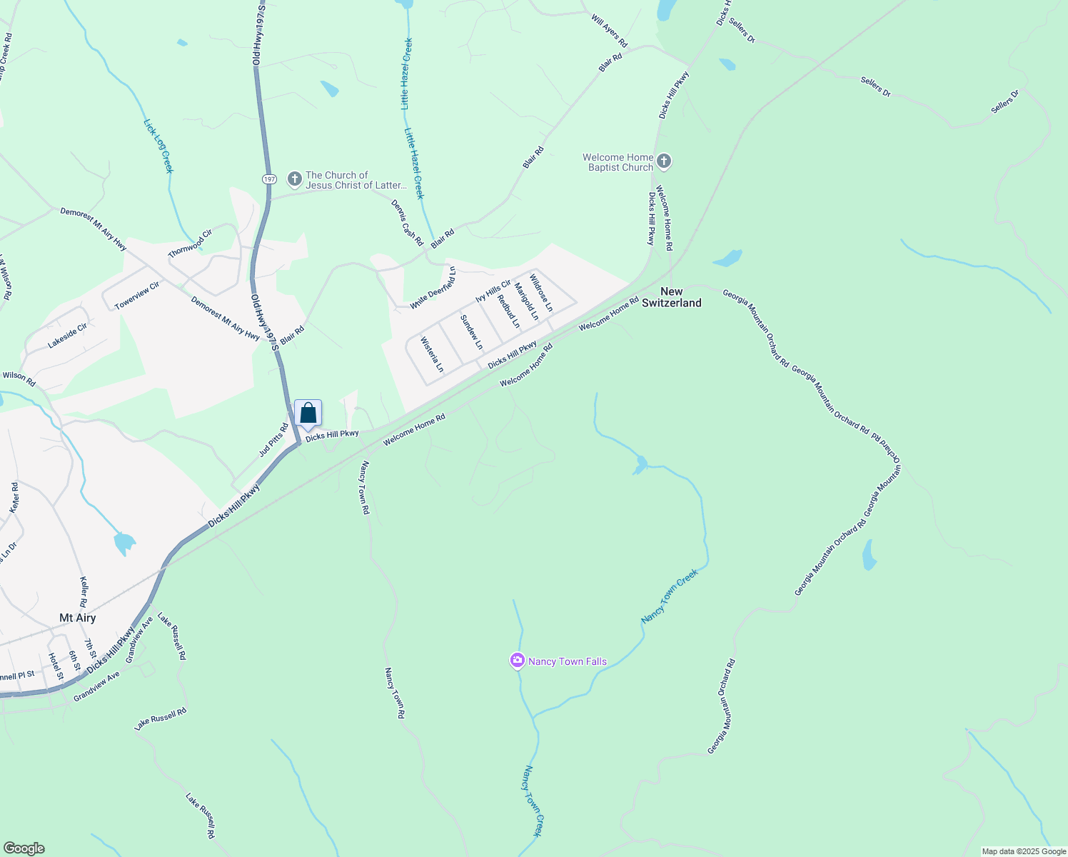 map of restaurants, bars, coffee shops, grocery stores, and more near 183 Russell Woods Dr. in Mount Airy