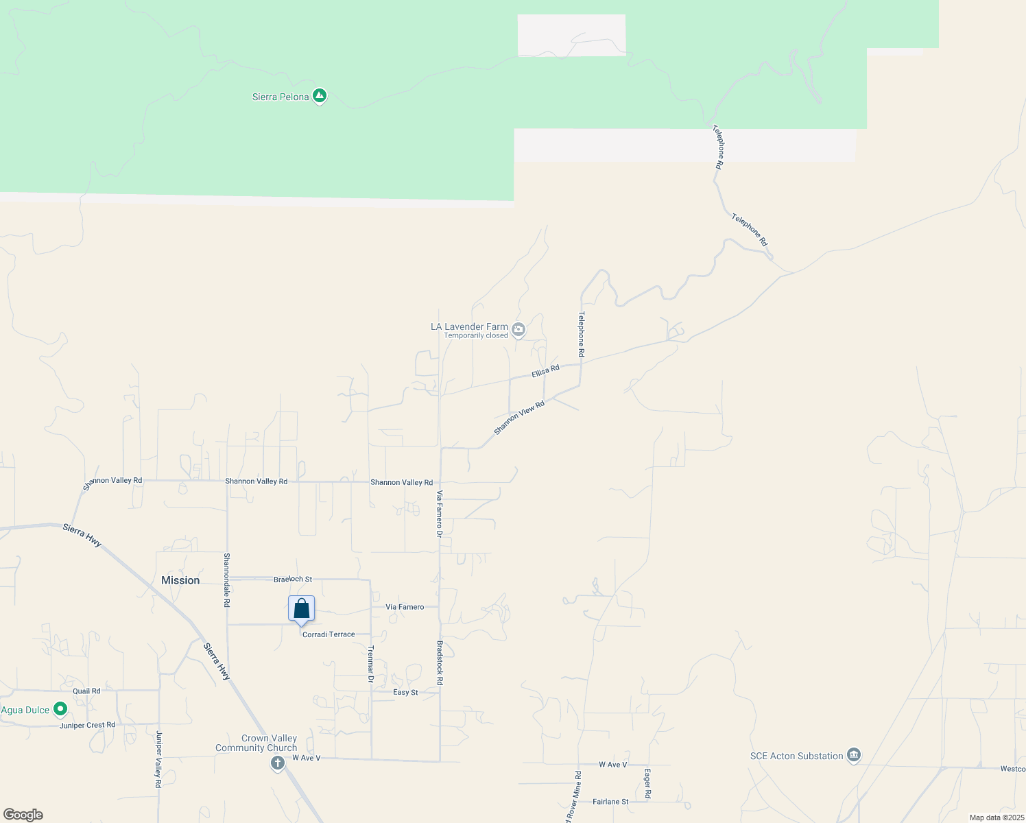 map of restaurants, bars, coffee shops, grocery stores, and more near Shannon View Road in Los Angeles County