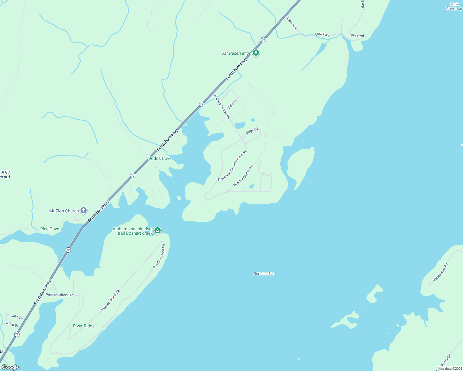 map of restaurants, bars, coffee shops, grocery stores, and more near 1285 Holiday Shores Road in Scottsboro