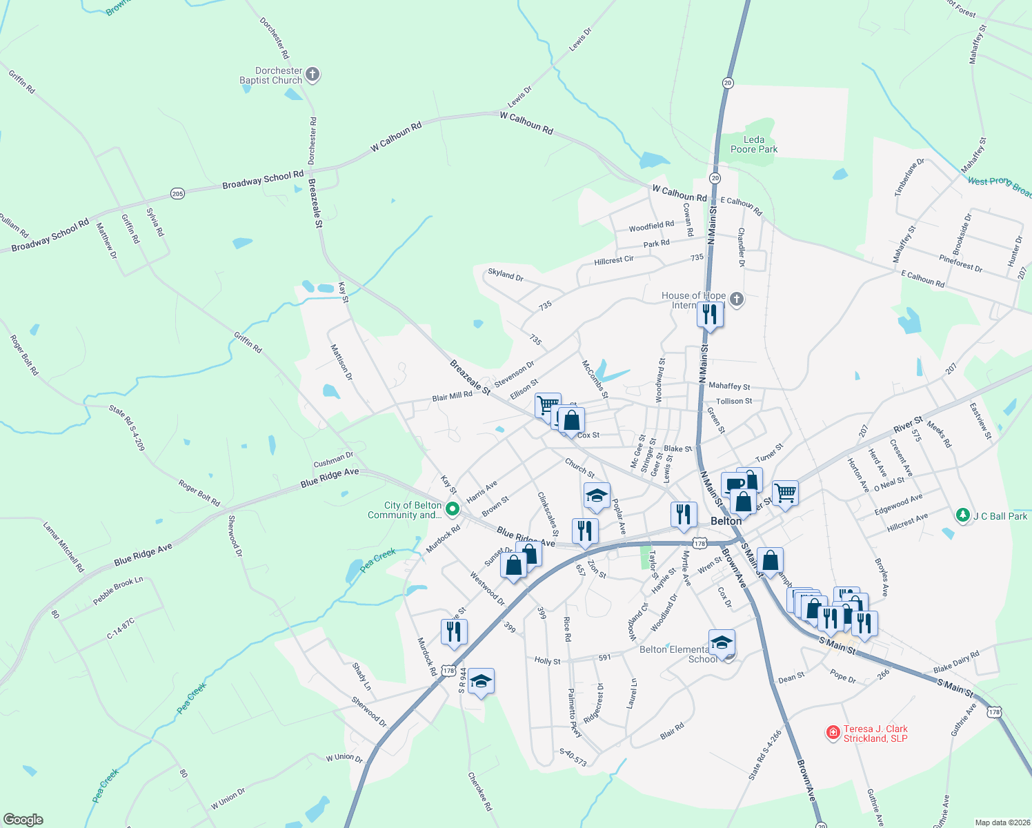 map of restaurants, bars, coffee shops, grocery stores, and more near 706 Breazeale St in Belton