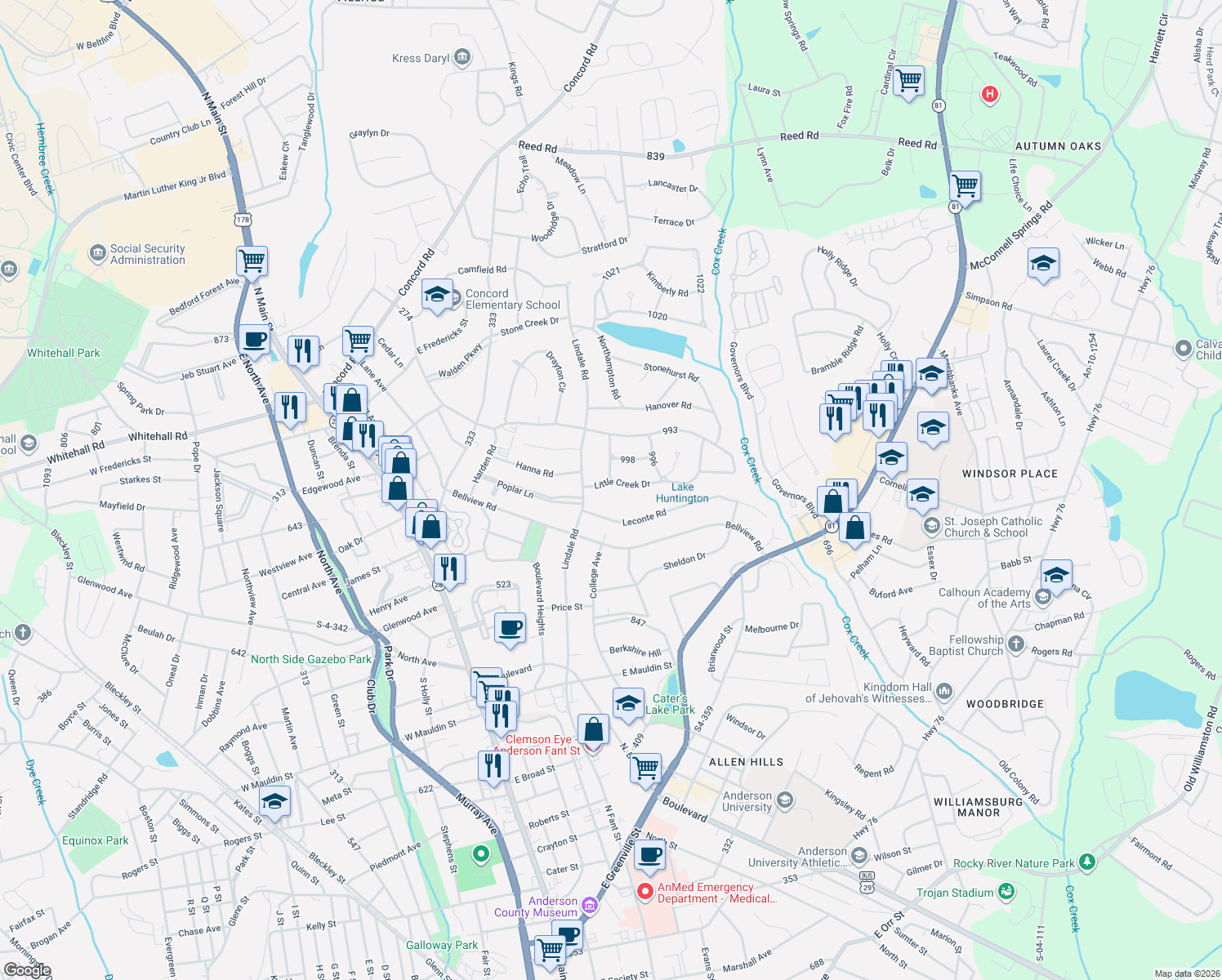 map of restaurants, bars, coffee shops, grocery stores, and more near 2706 Little Creek Drive in Anderson