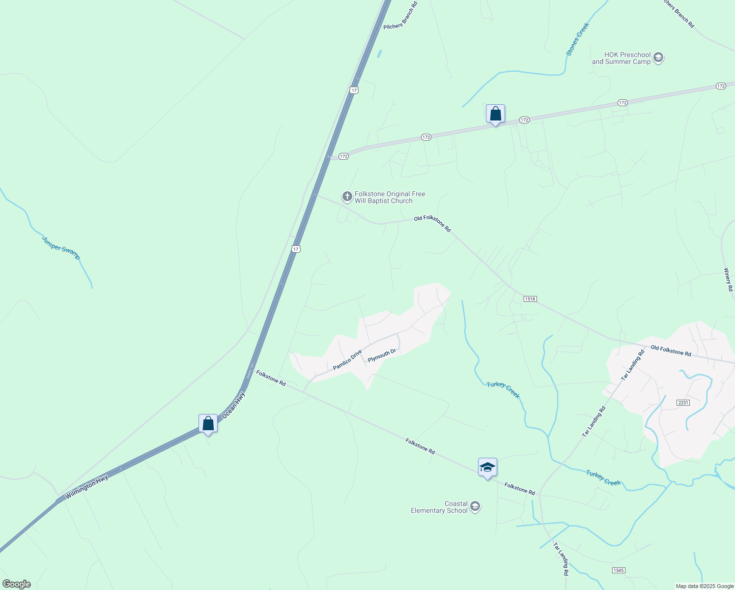 map of restaurants, bars, coffee shops, grocery stores, and more near 334 Frisco Way in Holly Ridge