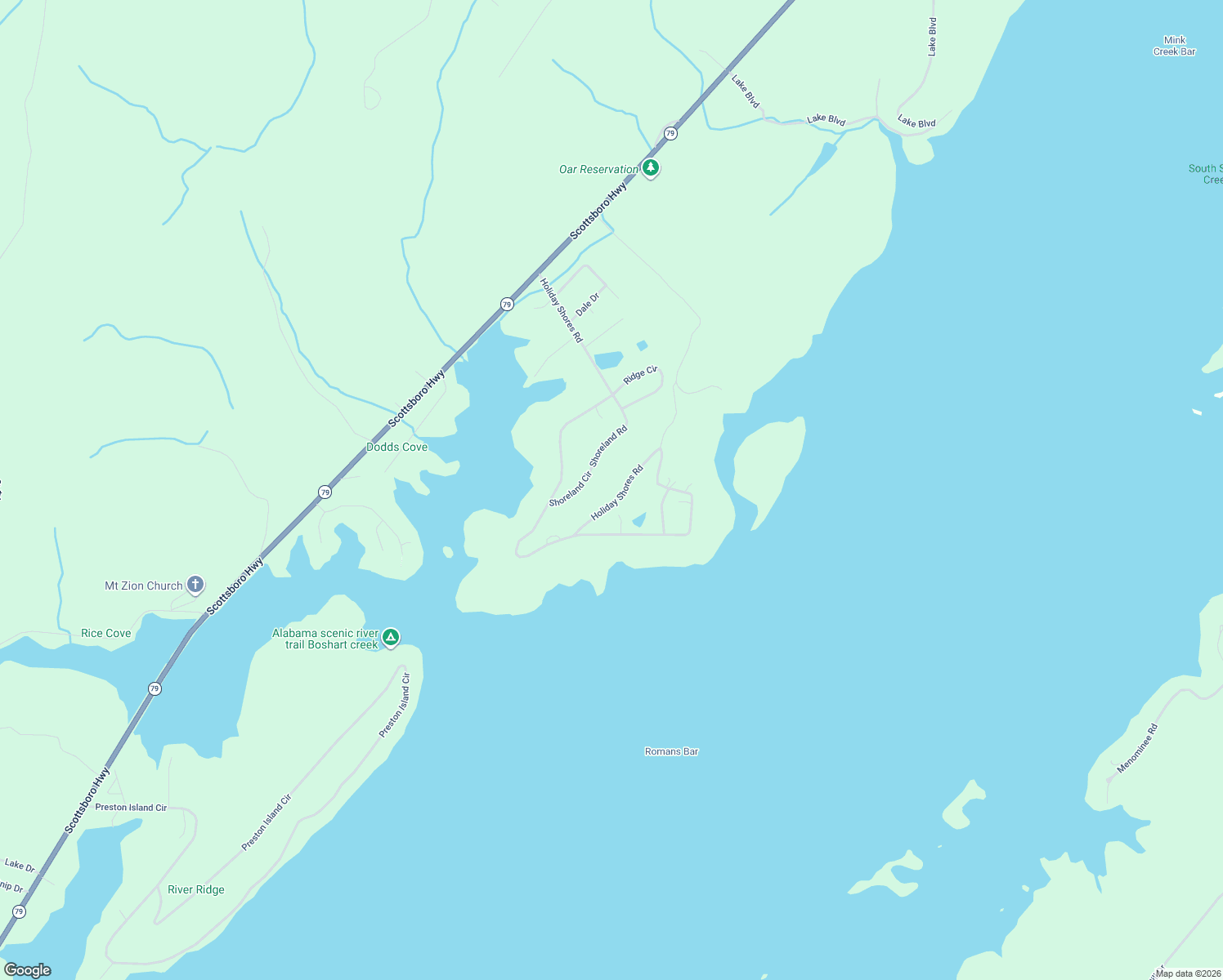 map of restaurants, bars, coffee shops, grocery stores, and more near 2097 Holiday Shores Road in Scottsboro