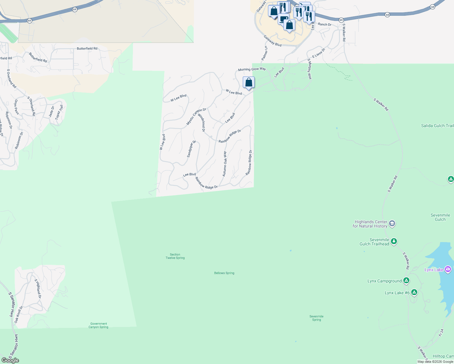 map of restaurants, bars, coffee shops, grocery stores, and more near 614 Windspirit Circle in Prescott