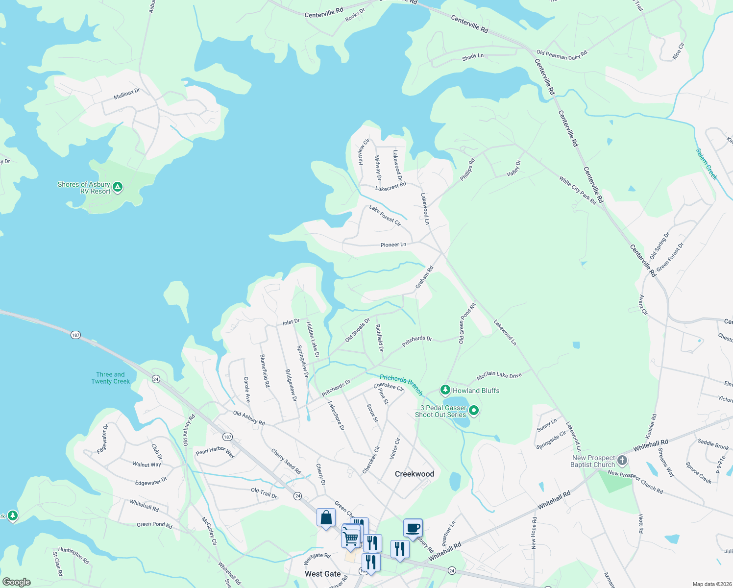map of restaurants, bars, coffee shops, grocery stores, and more near 410 Graham Road in Anderson
