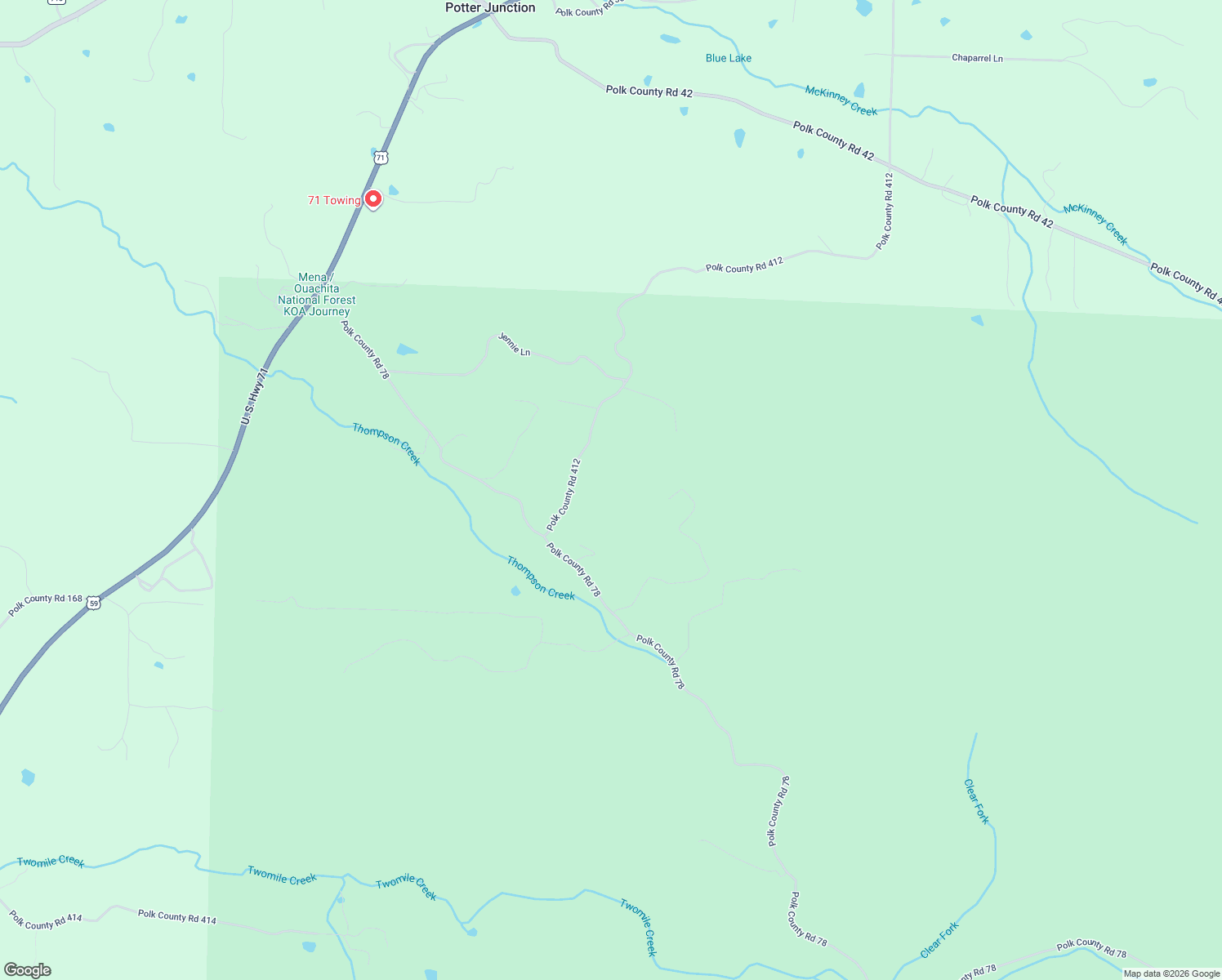 map of restaurants, bars, coffee shops, grocery stores, and more near 627 Polk County Road 412 in Mena
