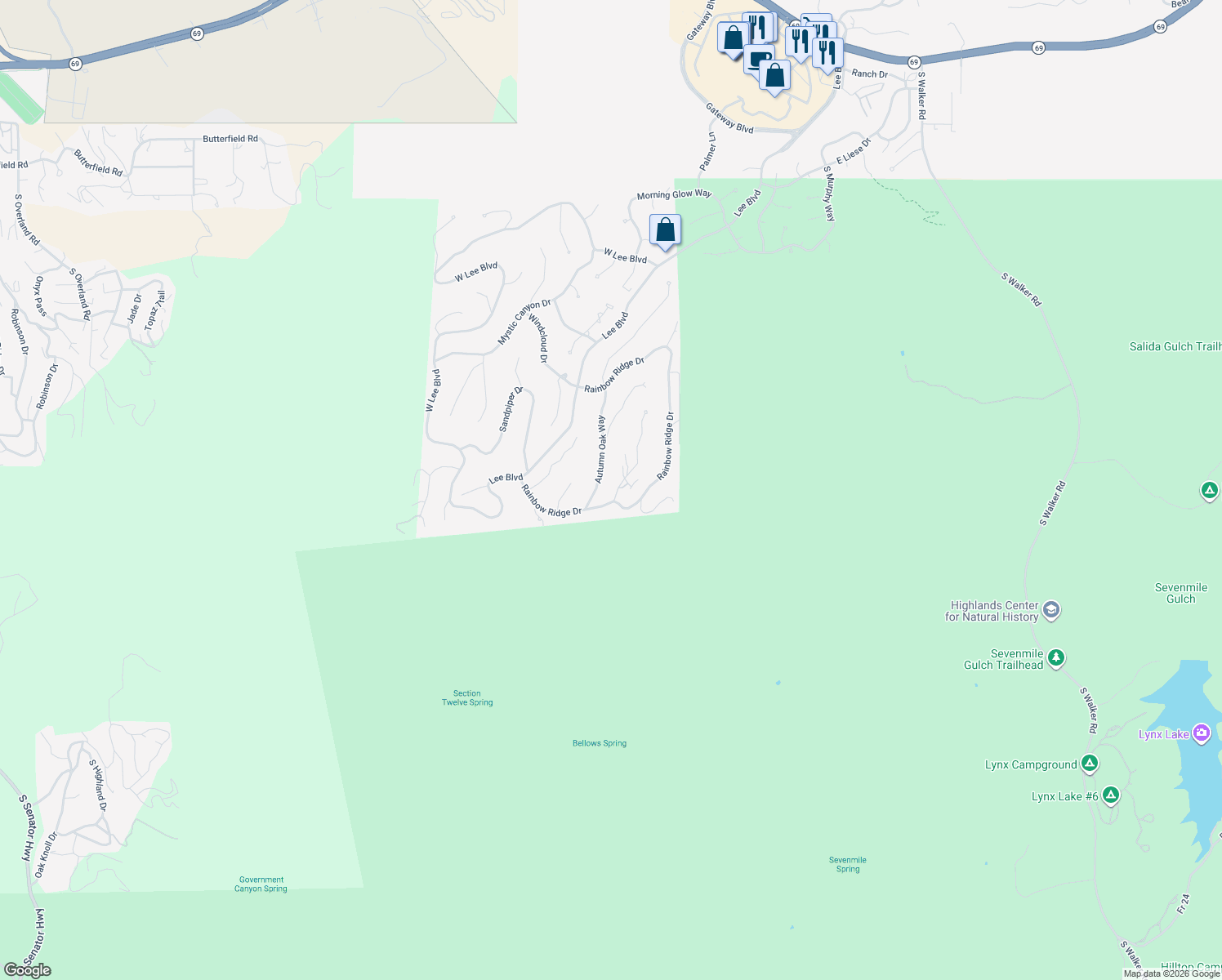 map of restaurants, bars, coffee shops, grocery stores, and more near 614 Windspirit Circle in Prescott