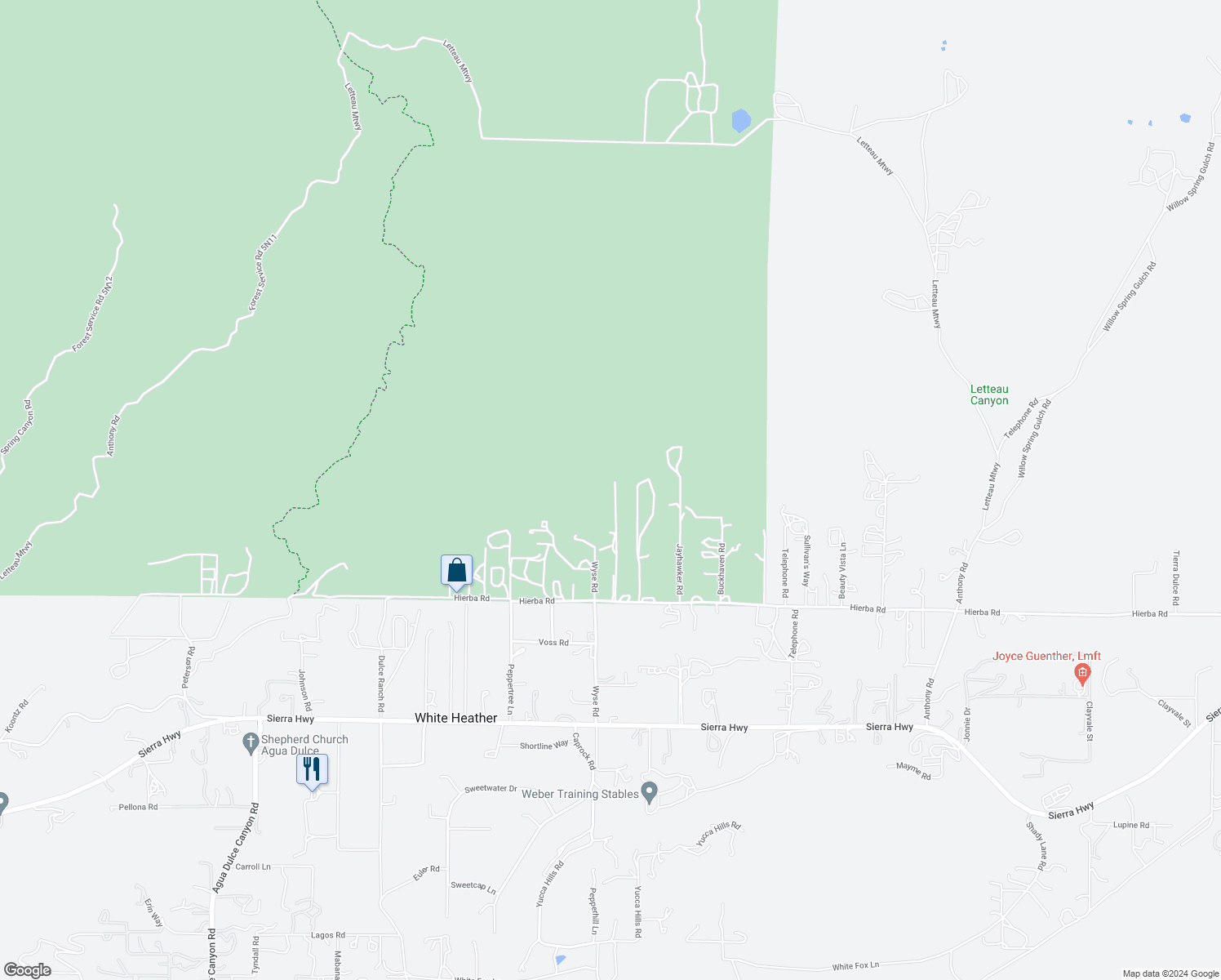 map of restaurants, bars, coffee shops, grocery stores, and more near 9455 Hierba Road in Agua Dulce