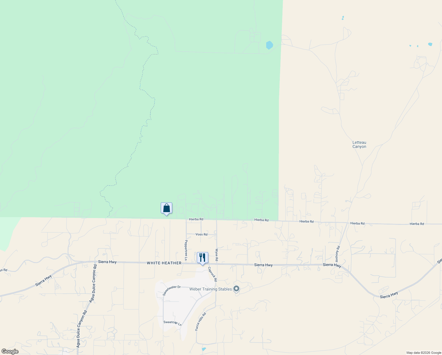 map of restaurants, bars, coffee shops, grocery stores, and more near 9455 Hierba Road in Agua Dulce