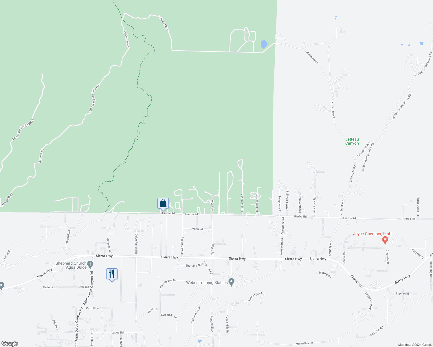 map of restaurants, bars, coffee shops, grocery stores, and more near 9455 Hierba Road in Agua Dulce