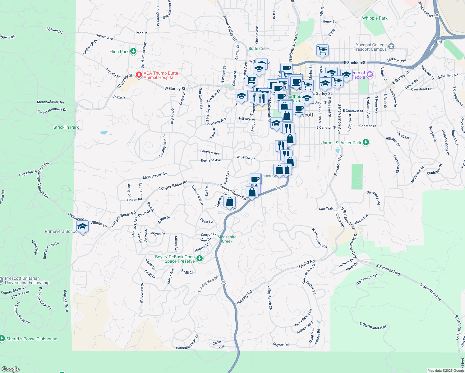 map of restaurants, bars, coffee shops, grocery stores, and more near 600 Copper Basin Road in Prescott