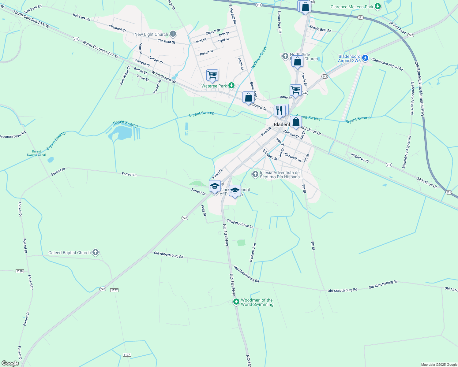 map of restaurants, bars, coffee shops, grocery stores, and more near 114 Whiteville Road in Bladenboro