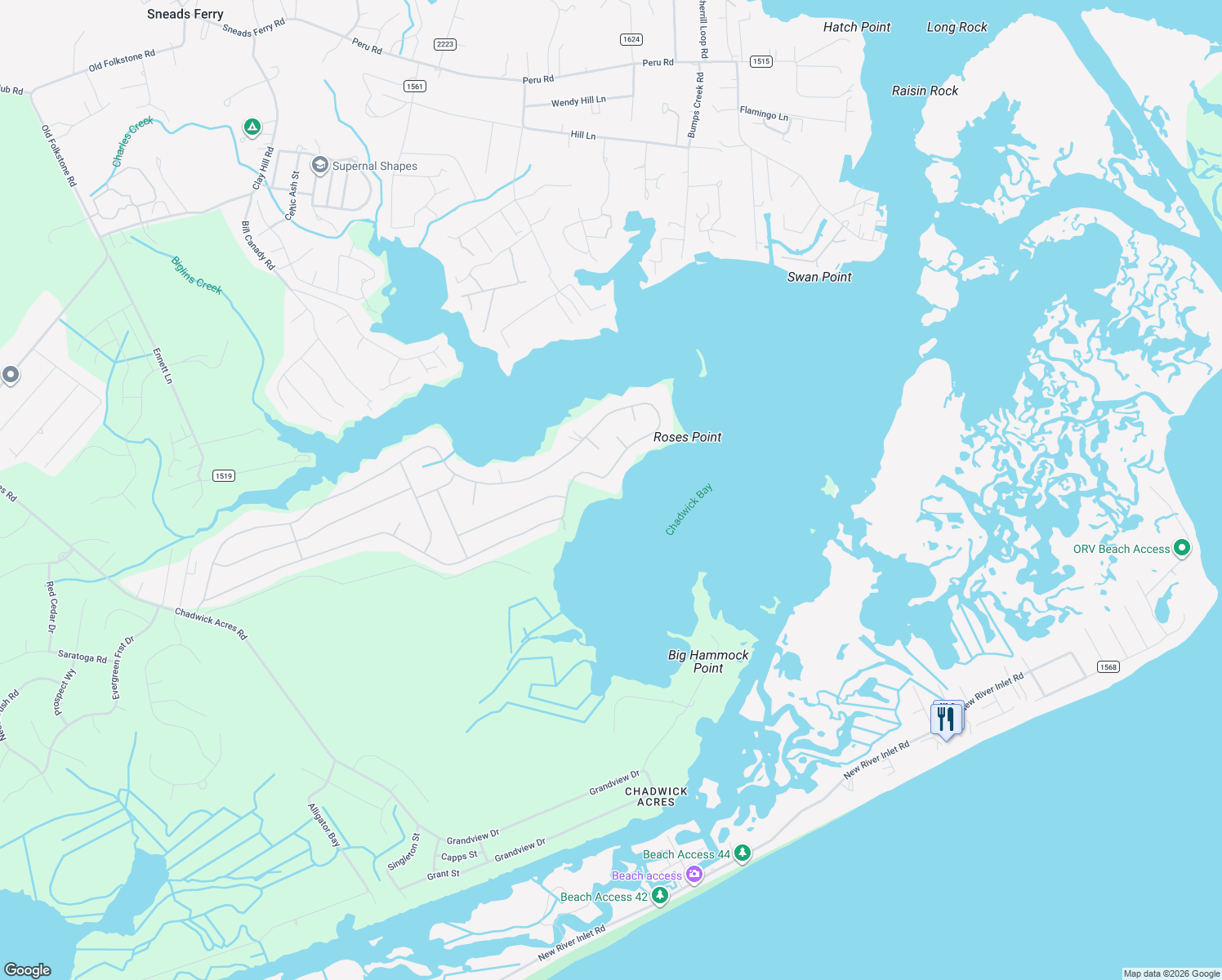 map of restaurants, bars, coffee shops, grocery stores, and more near 1035 Chadwick Shores Drive in Sneads Ferry