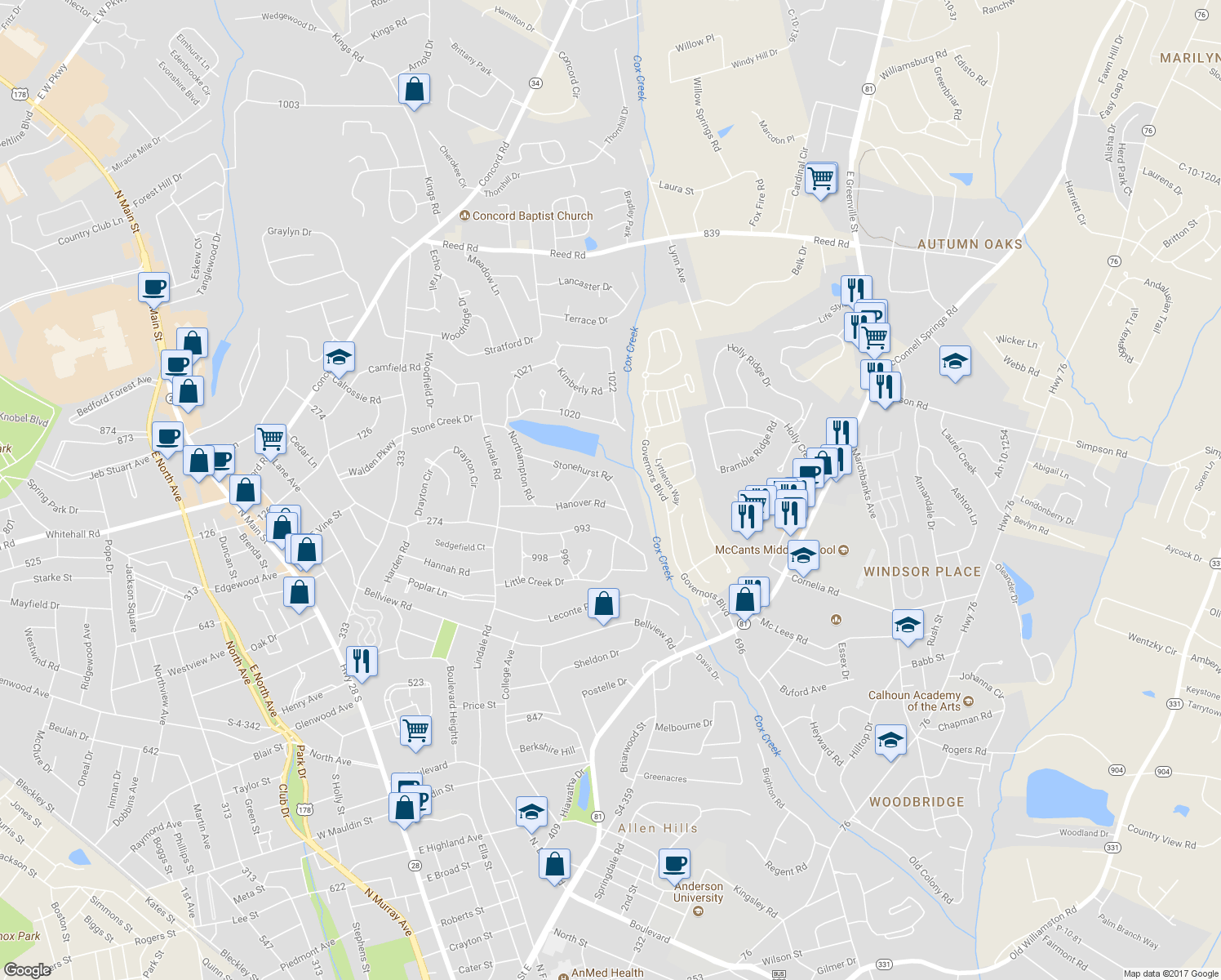 map of restaurants, bars, coffee shops, grocery stores, and more near 1404 Stonehurst Road in Anderson