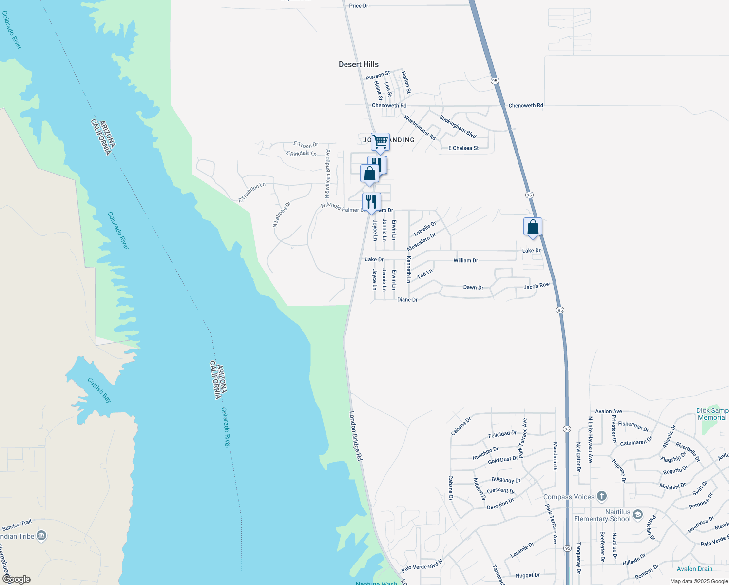 map of restaurants, bars, coffee shops, grocery stores, and more near 3006 London Bridge Road in Lake Havasu City