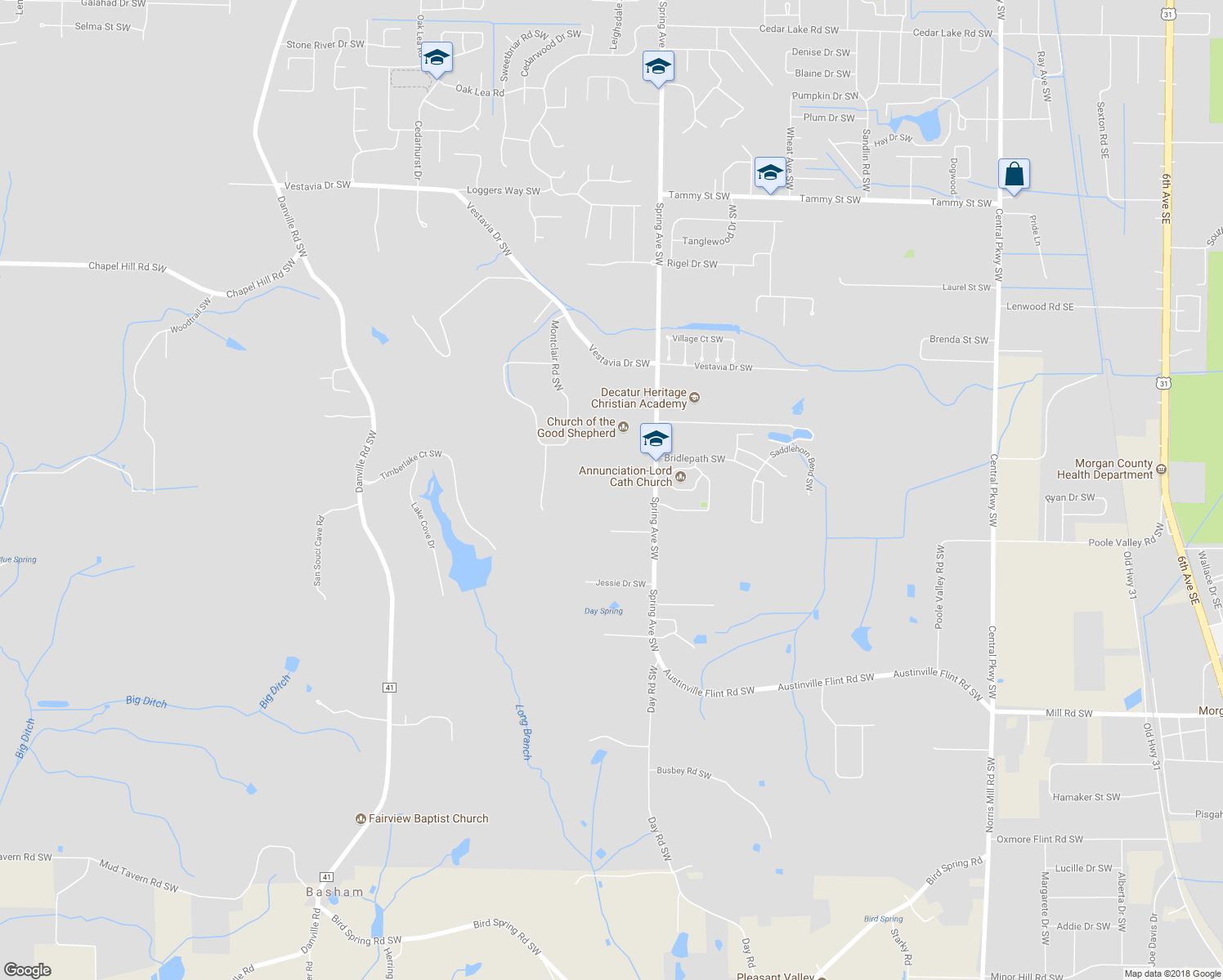 map of restaurants, bars, coffee shops, grocery stores, and more near 3907 Spring Avenue Southwest in Decatur