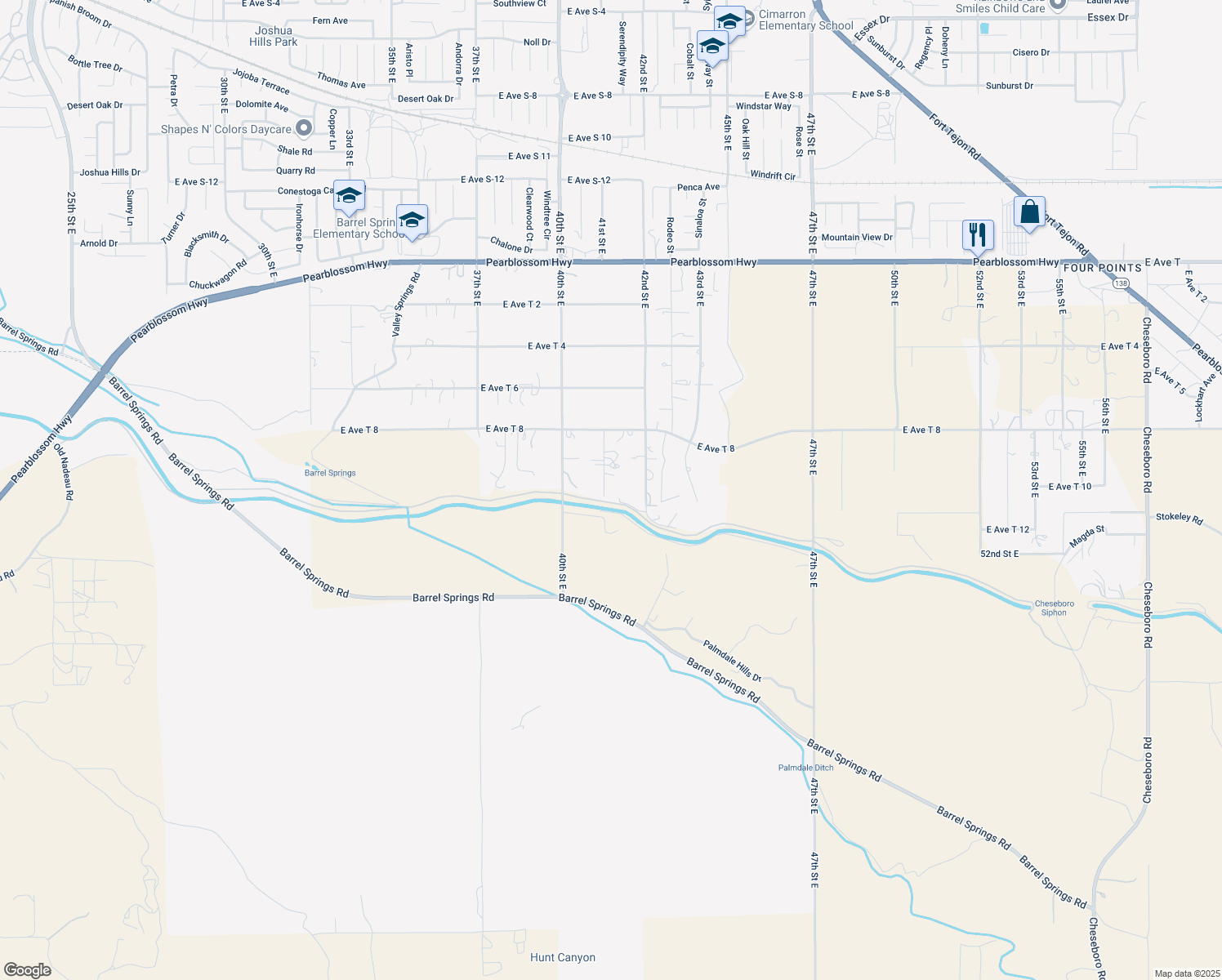 map of restaurants, bars, coffee shops, grocery stores, and more near 35834 41st Street East in Palmdale