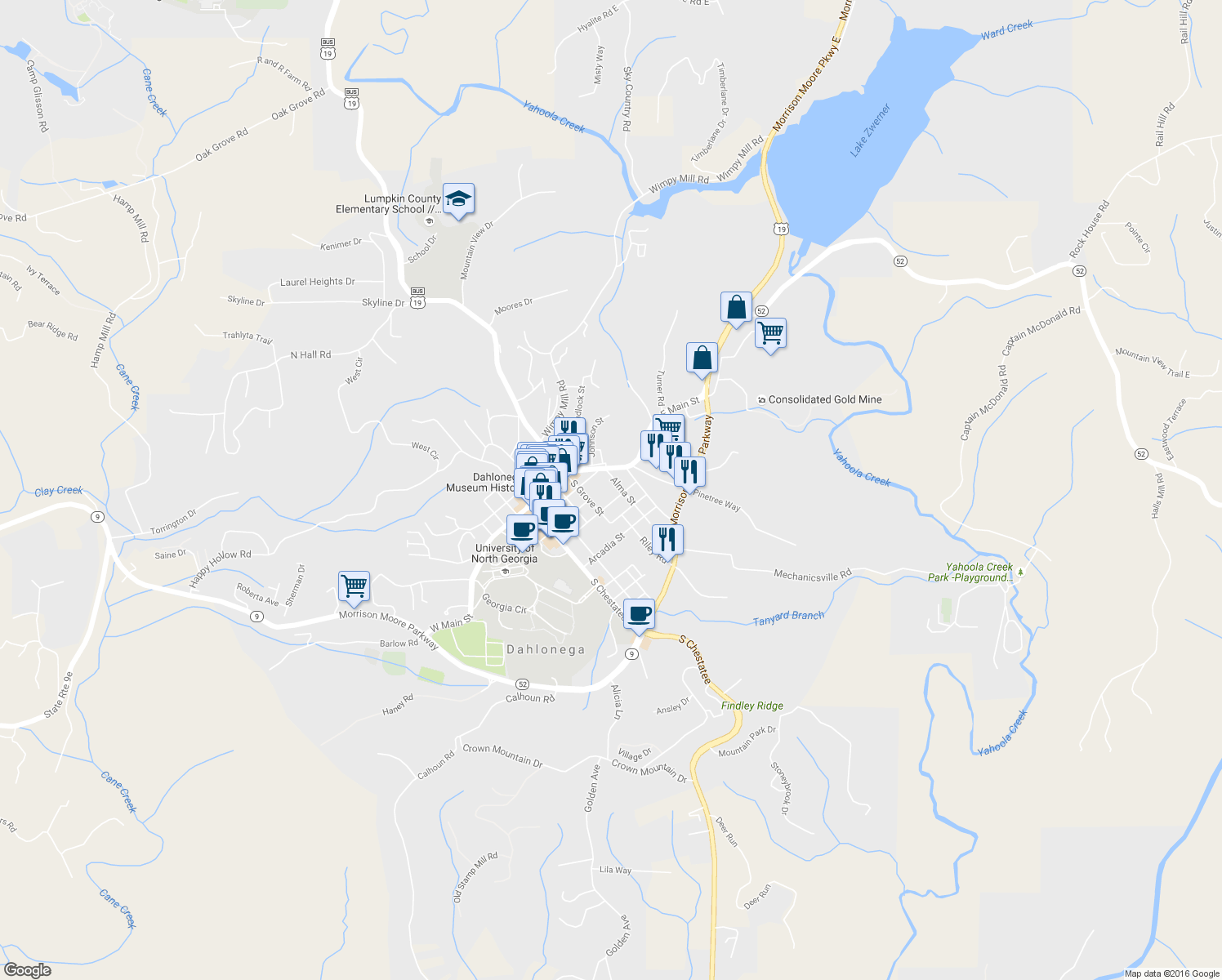 map of restaurants, bars, coffee shops, grocery stores, and more near 58 Alma Street in Dahlonega