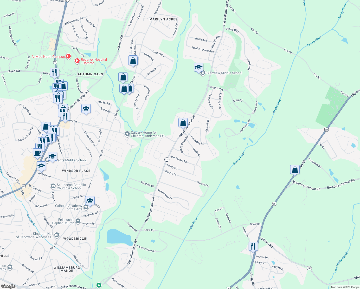 map of restaurants, bars, coffee shops, grocery stores, and more near 2305 Rolling Green Road in Anderson