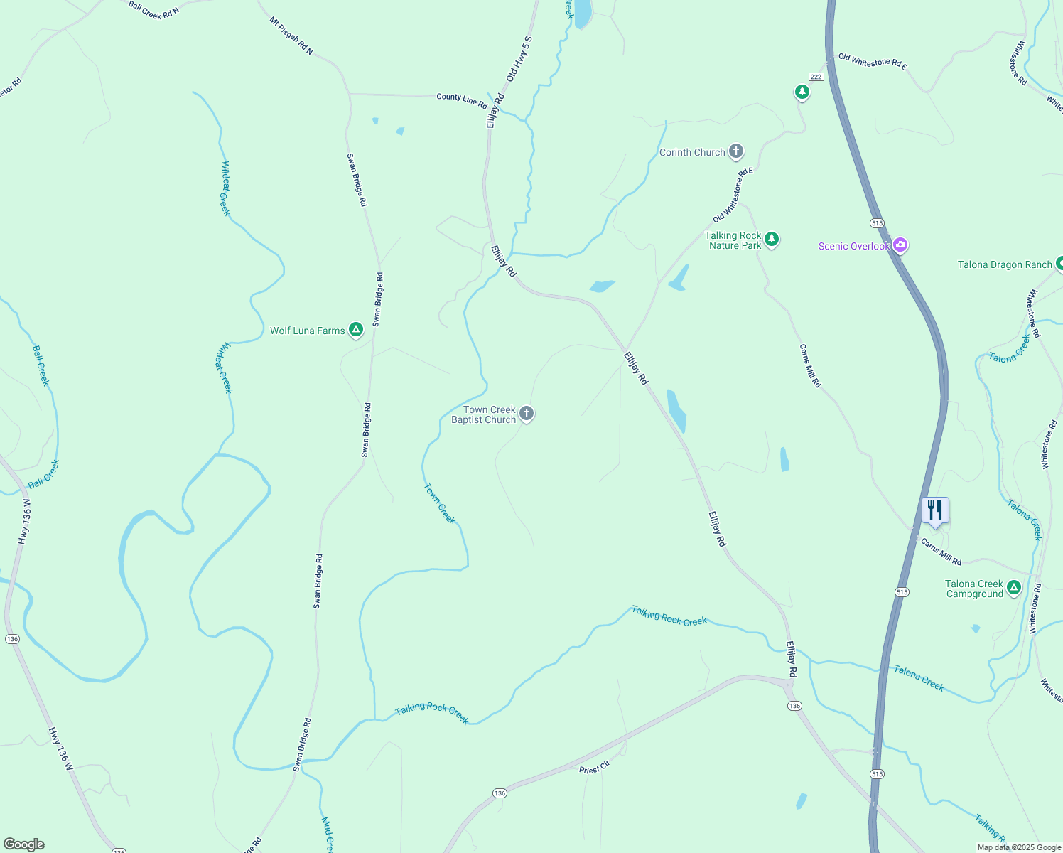 map of restaurants, bars, coffee shops, grocery stores, and more near Town Creek Church Road in Talking Rock