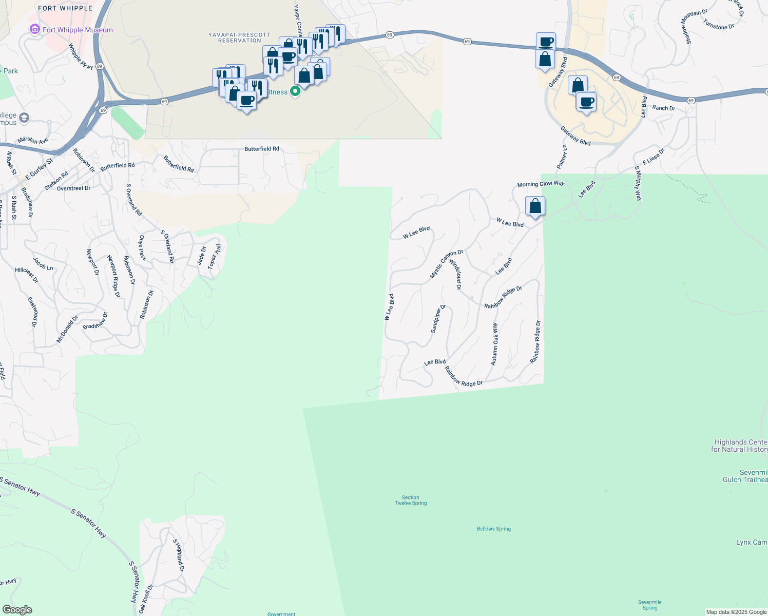 map of restaurants, bars, coffee shops, grocery stores, and more near 675 West Lee Boulevard in Prescott